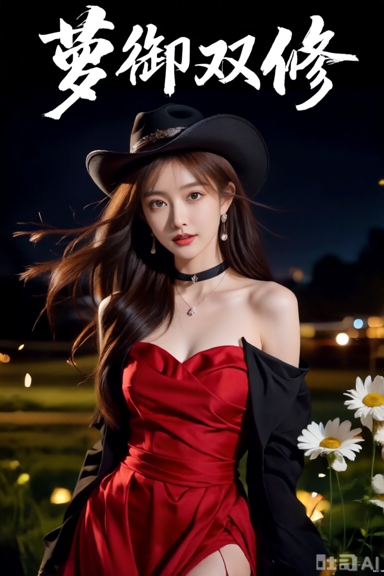 cowboy_shot,(Good structure), DSLR Quality, ,（Front focus）,（in the darkness nigth：1.6）,Surrealist portraits of women by DavidHockneyandAlphonseMucha,Fantasyart,photographrealistic,动态照明,artstation,red gown,sam yang, 1girll,,,黑Theeye,brownhair,耳Nipple Ring, jewely,black dressed evening dress, cparted lips, looking at viewert, choker necklace, cropped shoulders, Lips half open,, daysies,depthoffields,独奏, （（tmasterpiece））Volumetriclighting,Very detailed faces,4 k,Award-Awarded, , 1girl, in the dark, deep shadow, low key, cowboy shot,(official clothes:1.4),,  ,kind smile
﻿, ,luoyu, , 图片上部用白色行书书法手写字"萝御双修"。