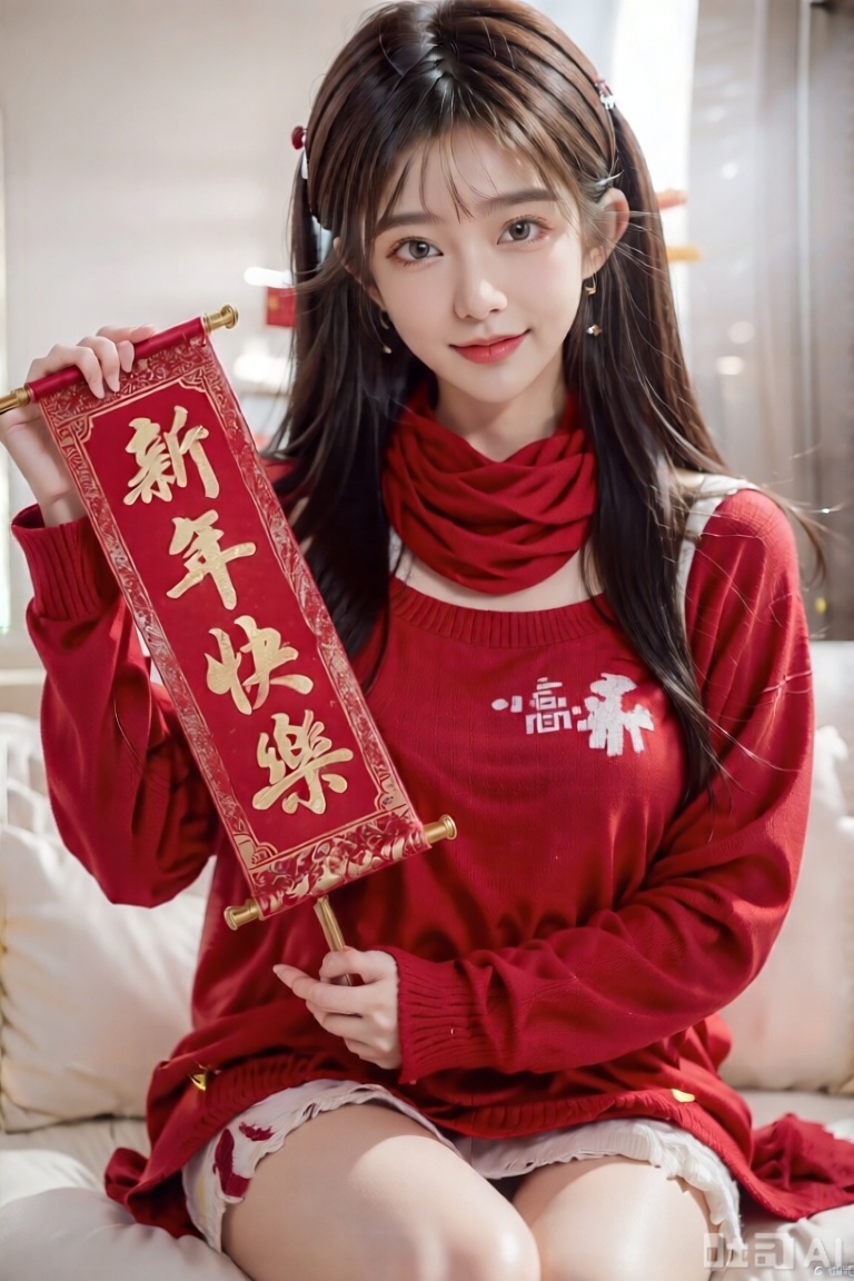 提示词1 个女孩,美女,五官精致秀丽甜美,黑色长发,穿红色毛衣,全身,坐在沙发上,红色围巾,新年喜庆氛围,手拿一个新年快乐的红色横幅上用书法写着“新年快乐”四个大字,正面照,微笑,丁达尔光影,细节描写细致,精美,写实摄影,32K,大师级构图,luoyu