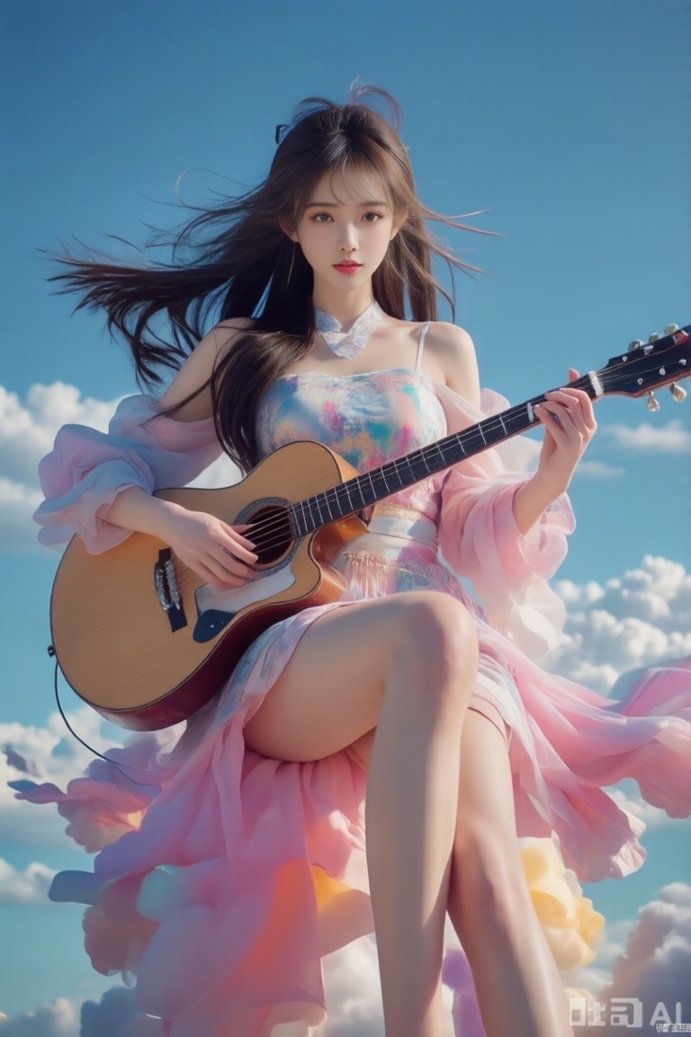 真人肌肤纹理, 4K画质,完美身材,1girl,looking_at_viewer, long legs ,realistic,,pose for picture,Dynamic posture,, 1women, dress, playing musical instruments, sitting on the colorful clouds, sky, sunshine, beautiful,luoyu