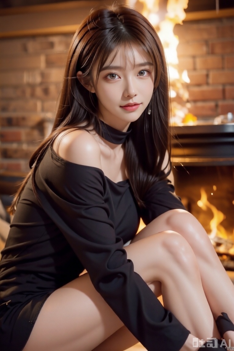 一位年轻女性,穿着黑色露肩上衣,坐在壁炉旁,双腿弯曲抱膝,背景是燃烧着火焰的壁炉和砖墙。,暖黄逆光勾勒轮廓,突出复古精致感。,模糊动态背景