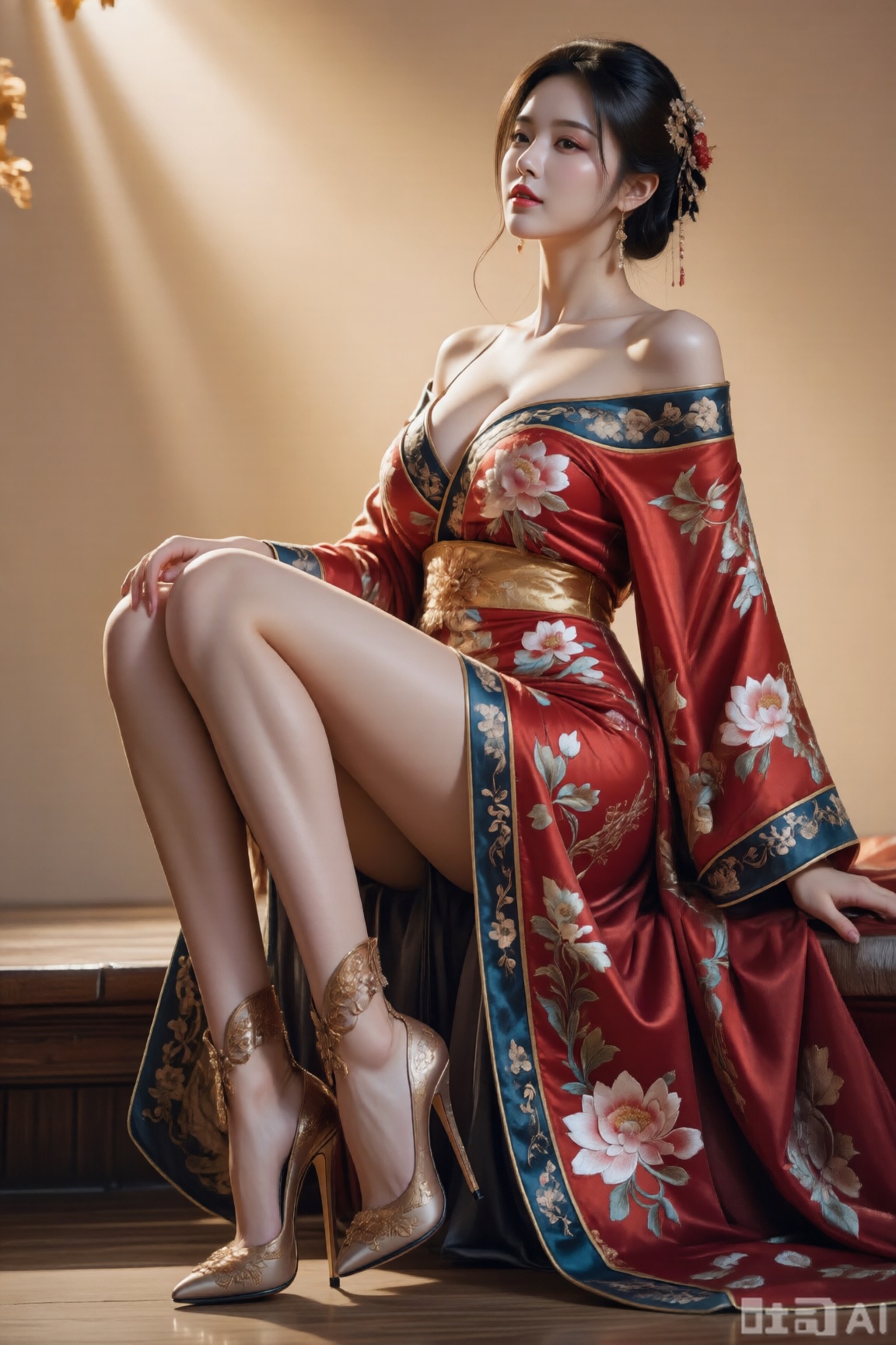 画面主体是位身姿曼妙的性感女性,  身着绣满缠枝莲纹的明制霞帔,  搭配华丽高跟鞋 on Tensor.Art