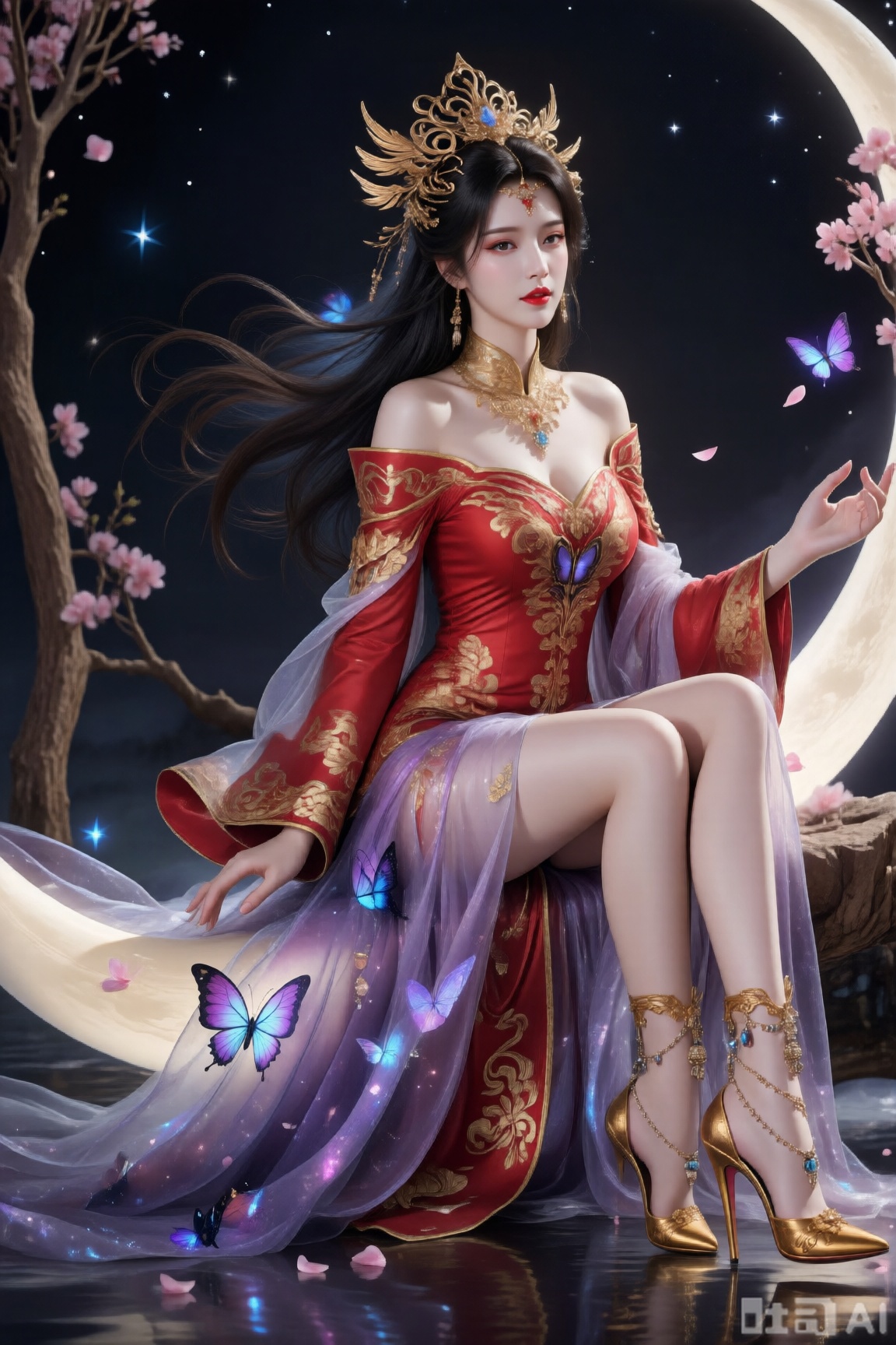 东方玄幻风格,一位绝美仙子坐于弯月上夜色美景星星点缀,她有着如墨瀑般的长发,随风肆意飞舞,头戴精致华丽的金色王冠,王冠以复杂的卷草纹与羽状装饰构成,细节繁复且闪耀。面容明艳,眉眼如精心勾勒的工笔画,红唇鲜艳欲滴,肌肤白皙似玉雕。身着红金配色的华丽长袍,主调为热烈正红,衣缘、袖口处饰以璀璨鎏金纹样,采用中式传统云纹与繁花图案,金线绣工精细,在暗光下泛着温润光泽。外披一层薄如蝉翼的紫纱,纱质轻盈且带流光特效,走动时如流动的星河,紫纱上点缀着半透明的蝴蝶装饰,翅膀有渐变色彩,似随时会振翅飞舞。脚上是金色华丽高跟鞋,鞋跟纤细却稳,靴面有精致的金属链与小坠饰,行走间叮当作响。四周飘落粉色花瓣,点缀着发光的蓝紫色蝴蝶,背景为深邃的暗黑色,穿插几枝粉花树杈,营造出神秘又华丽的玄幻氛围,整体画面光影细腻,色彩对比强烈,将东方古典美与奇幻特效完美融合。