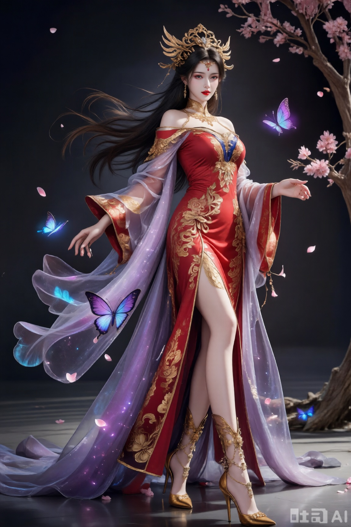 东方玄幻风格,一位绝美仙子立于暗调背景前。她有着如墨瀑般的长发,随风肆意飞舞,头戴精致华丽的金色王冠,王冠以复杂的卷草纹与羽状装饰构成,细节繁复且闪耀。面容明艳,眉眼如精心勾勒的工笔画,红唇鲜艳欲滴,肌肤白皙似玉雕。身着红金配色的华丽长袍,主调为热烈正红,衣缘、袖口处饰以璀璨鎏金纹样,采用中式传统云纹与繁花图案,金线绣工精细,在暗光下泛着温润光泽。外披一层薄如蝉翼的紫纱,纱质轻盈且带流光特效,走动时如流动的星河,紫纱上点缀着半透明的蝴蝶装饰,翅膀有渐变色彩,似随时会振翅飞舞。脚上是金色华丽高跟鞋,鞋跟纤细却稳,靴面有精致的金属链与小坠饰,行走间叮当作响。四周飘落粉色花瓣,点缀着发光的蓝紫色蝴蝶,背景为深邃的暗黑色,穿插几枝粉花树杈,营造出神秘又华丽的玄幻氛围,整体画面光影细腻,色彩对比强烈,将东方古典美与奇幻特效完美融合。
