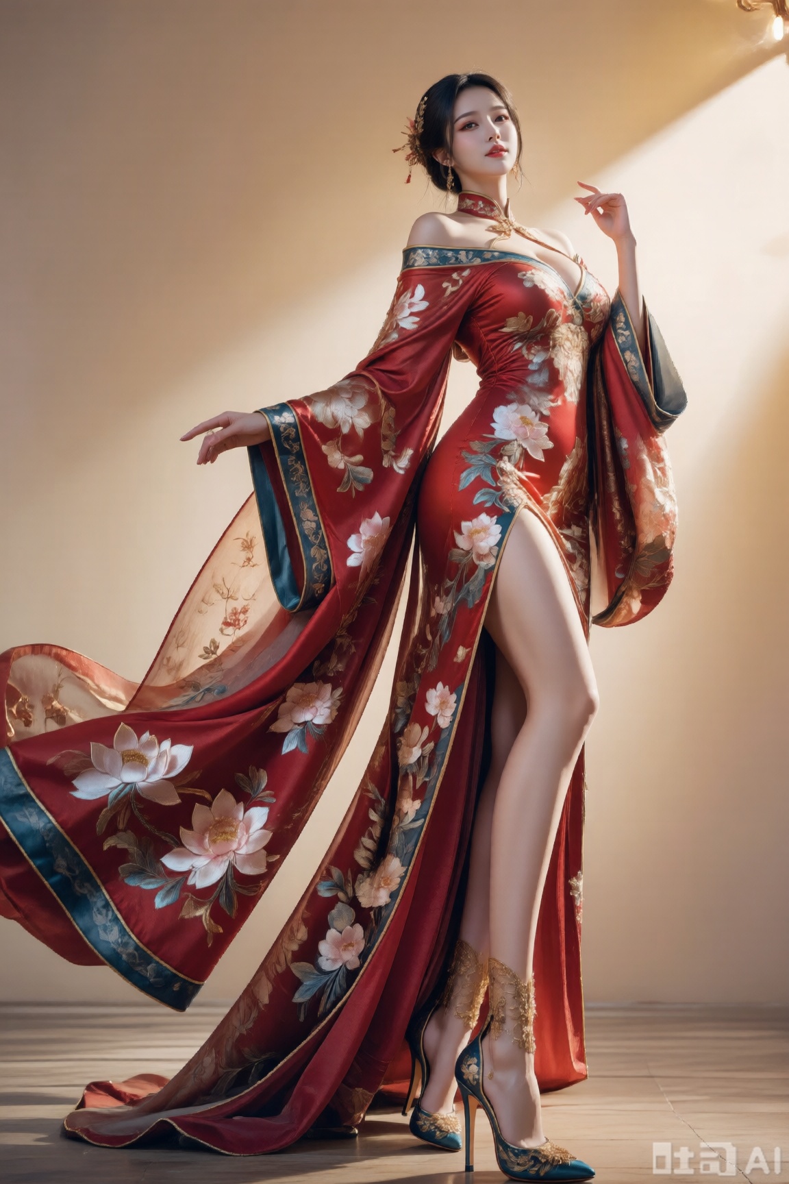  画面主体是位身姿曼妙的性感女性,身着绣满缠枝莲纹的明制霞帔,搭配华丽高跟鞋,整体呈现国风写真风格。暖金色柔光从斜上方洒下,勾勒出衣料的光泽与人物曲线,采用电影级渲染凸显细节质感,色彩以正红、鎏金为主调,辅以黛青镶边,构图遵循三分法将人物置于右侧,用略微仰拍的视角展现优雅气场