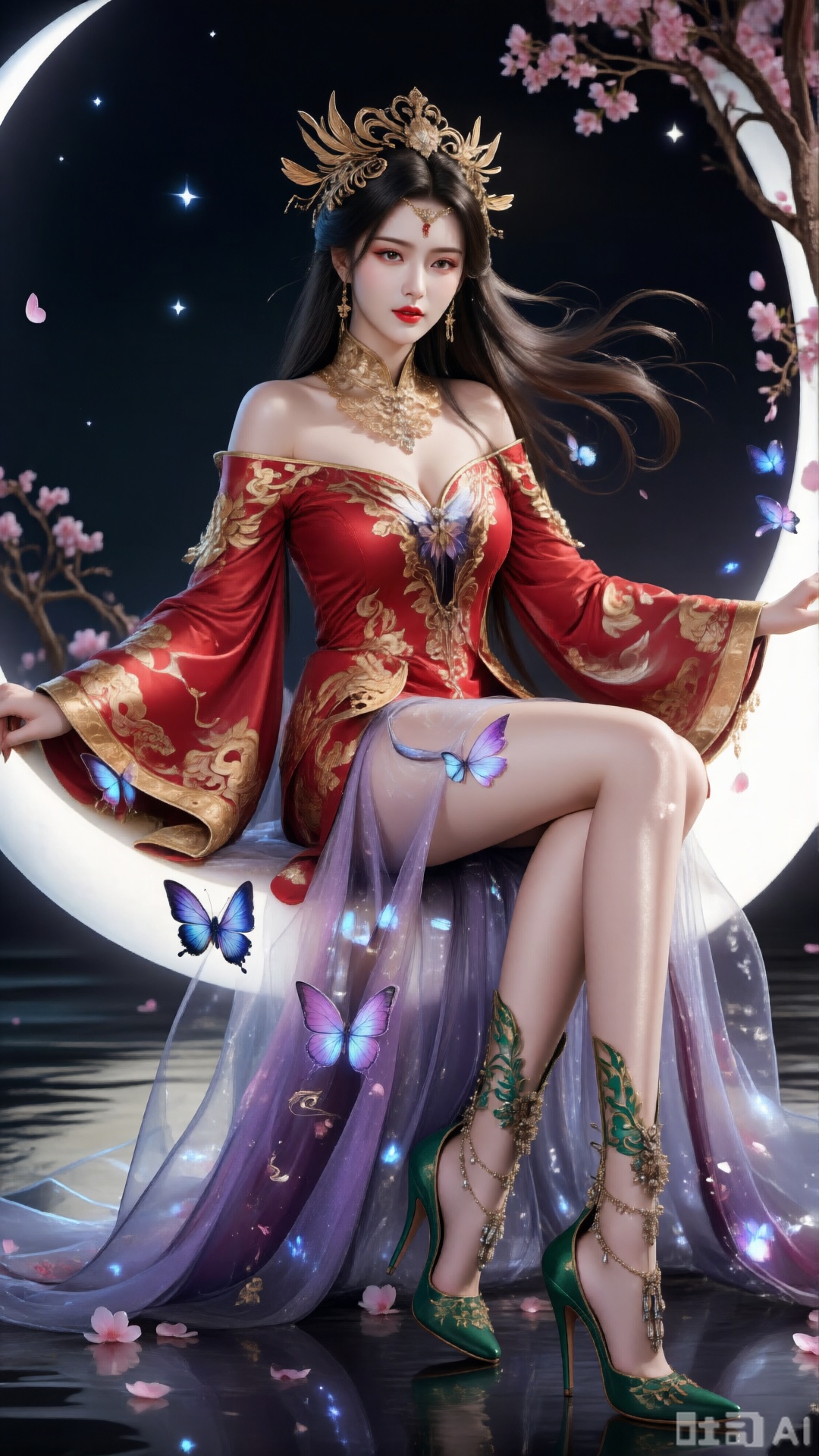 东方玄幻风格,  一位绝美仙子坐于弯月上夜色美景星星点缀,  她有着如墨瀑般的长发 on Tensor.Art
