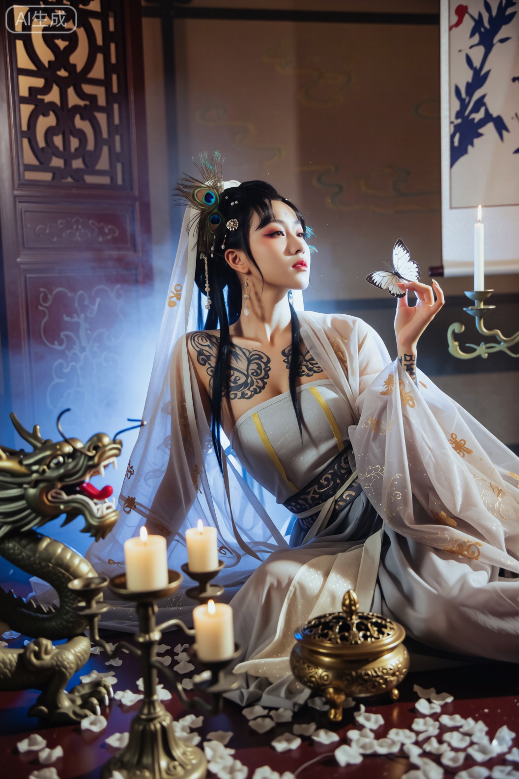 室内古风场景中,一位人物身着带有金色装饰的浅灰色古风服饰,身上有复杂的纹身,头发间插着孔雀羽毛与饰品,头戴轻纱。她的手中停着一只白色的蝴蝶,身旁有燃着的蜡烛、带有龙形装饰的烛台以及金色的香炉,周围散落着花瓣,背景有带有传统纹样的屏风与烟雾,整体营造出神秘且雅致的古风氛围。