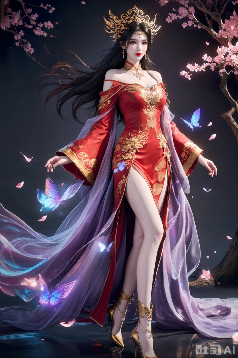 东方玄幻风格,一位绝美仙子立于暗调背景前。她有着如墨瀑般的长发,随风肆意飞舞,头戴精致华丽的金色王冠,王冠以复杂的卷草纹与羽状装饰构成,细节繁复且闪耀。面容明艳,眉眼如精心勾勒的工笔画,红唇鲜艳欲滴,肌肤白皙似玉雕。身着红金配色的华丽长袍,主调为热烈正红,衣缘、袖口处饰以璀璨鎏金纹样,采用中式传统云纹与繁花图案,金线绣工精细,在暗光下泛着温润光泽。外披一层薄如蝉翼的紫纱,纱质轻盈且带流光特效,走动时如流动的星河,紫纱上点缀着半透明的蝴蝶装饰,翅膀有渐变色彩,似随时会振翅飞舞。脚上是金色高跟踝靴,鞋跟纤细却稳,靴面有精致的金属链与小坠饰,行走间叮当作响。四周飘落粉色花瓣,点缀着发光的蓝紫色蝴蝶,背景为深邃的暗黑色,穿插几枝粉花树杈,营造出神秘又华丽的玄幻氛围,整体画面光影细腻,色彩对比强烈,将东方古典美与奇幻特效完美融合。