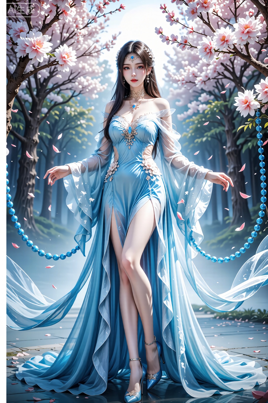 一位人物身着蓝白色渐变的华丽长裙,裙子带有精致的花朵装饰与飘逸的纱质元素,搭配同色系的高跟鞋,头上戴着镶嵌宝石的头饰,脖颈间有项链。她身处开满粉色花朵的林间,周围花瓣飘落,还有蓝色的珠链装饰悬挂,整体画面营造出唯美且梦幻的氛围。