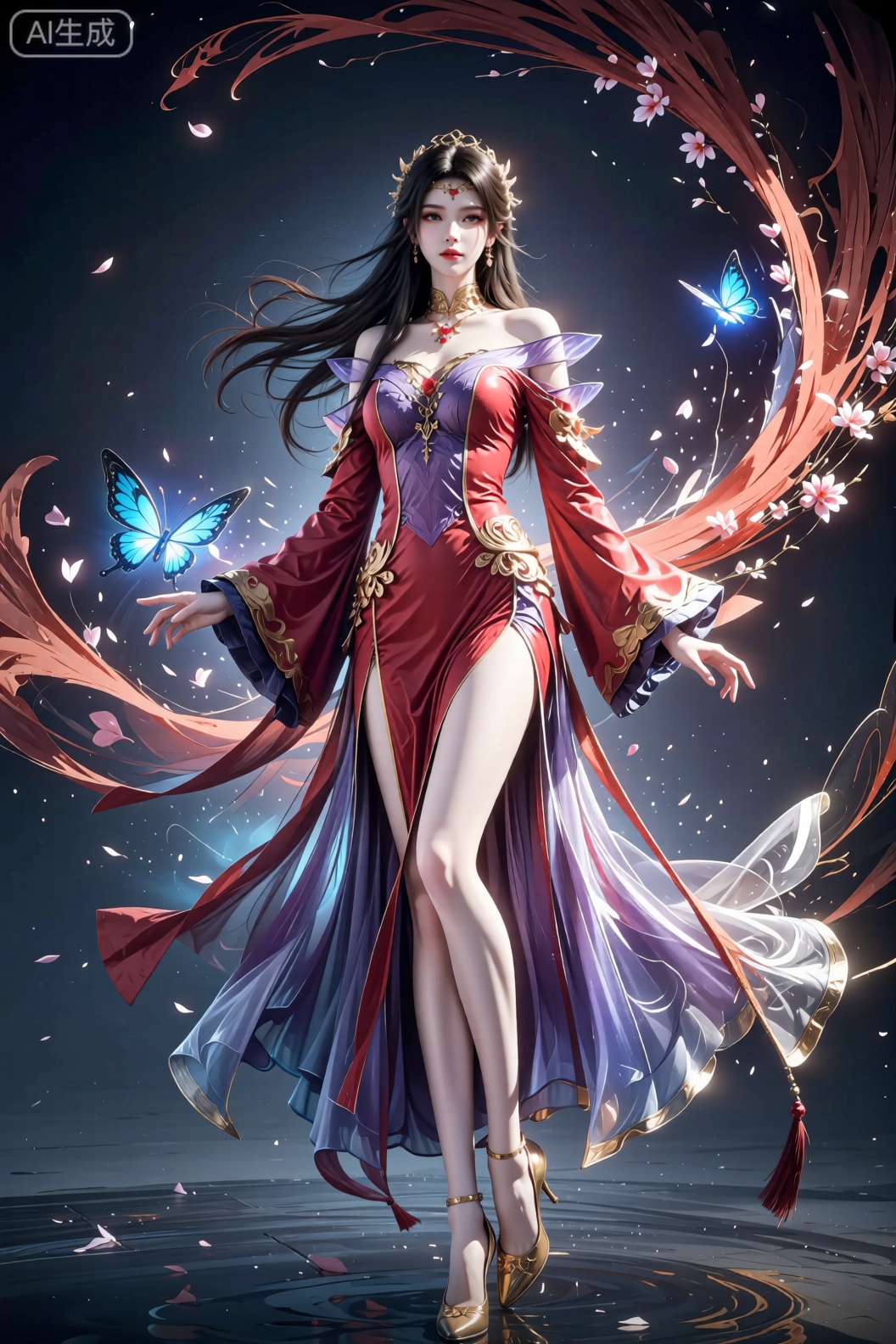 一位人物身着融合红色与紫色、带有金色装饰的华丽古风长裙,裙摆飘逸且带有透明的纱质元素,搭配金色的高跟鞋与头饰。她的长发随风飘动,周围环绕着发光的蓝色蝴蝶与粉色花瓣,背景是深色的夜空,整体画面营造出神秘且唯美的古风奇幻氛围。