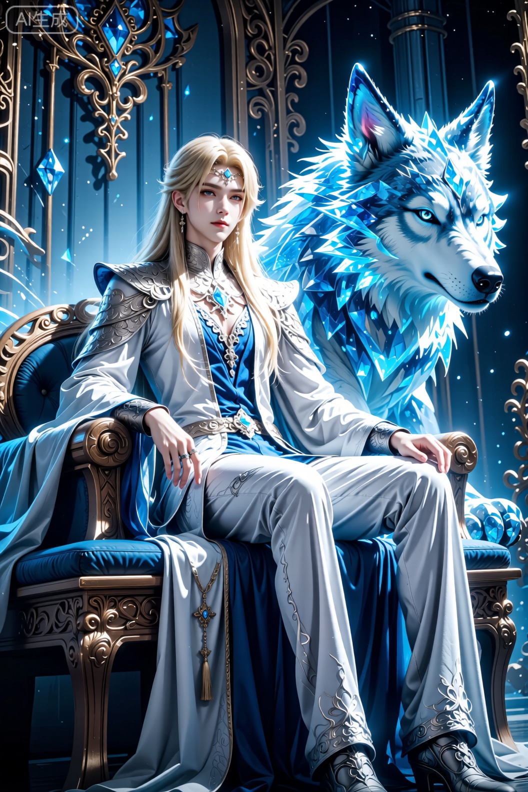 奇幻场景中,一位有着金色长发的人物,身着带有复杂银色与蓝色装饰的华丽服饰,坐在装饰精美的座椅上。身旁有一只巨大的、带有蓝色光芒与水晶质感的狼形生物,整体环境充满蓝色的光晕与奇幻的金属装饰,营造出神秘且华丽的氛围。