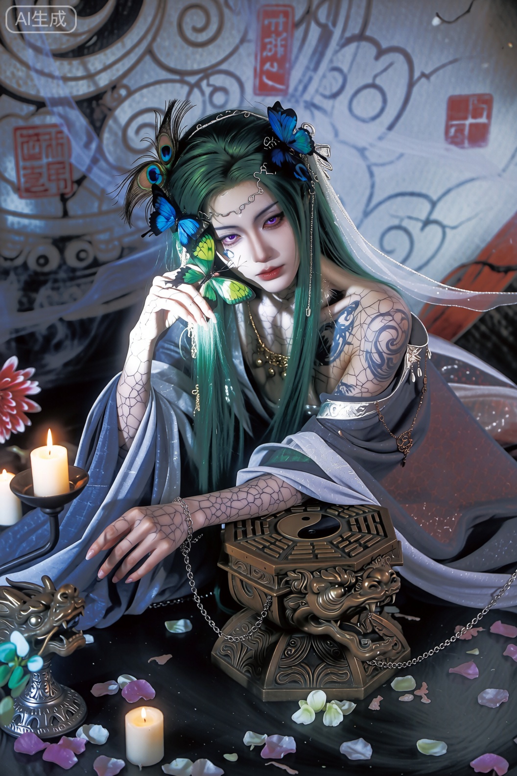 画面呈现出充满东方玄幻色彩的风格,一位有着裂纹般纹身、肌肤似瓷的人物,绿发间点缀蓝色蝴蝶,戴着带有孔雀羽毛元素的透明饰带,眼部泛着紫光,正轻柔托着一只绿色蝴蝶。人物身着带有裂纹纹理的古风服饰,佩戴着带有龙头装饰的金属链饰,身旁是燃着烛火、雕刻着兽头的古朴八卦形器物,周围散落着花瓣、花朵,背景是带有旋涡图案、红色印章与裂纹的古老墙面,还萦绕着烟雾,整体氛围神秘又华丽,融合了奇幻、古风与诡异的美感。额头上的装饰链条
