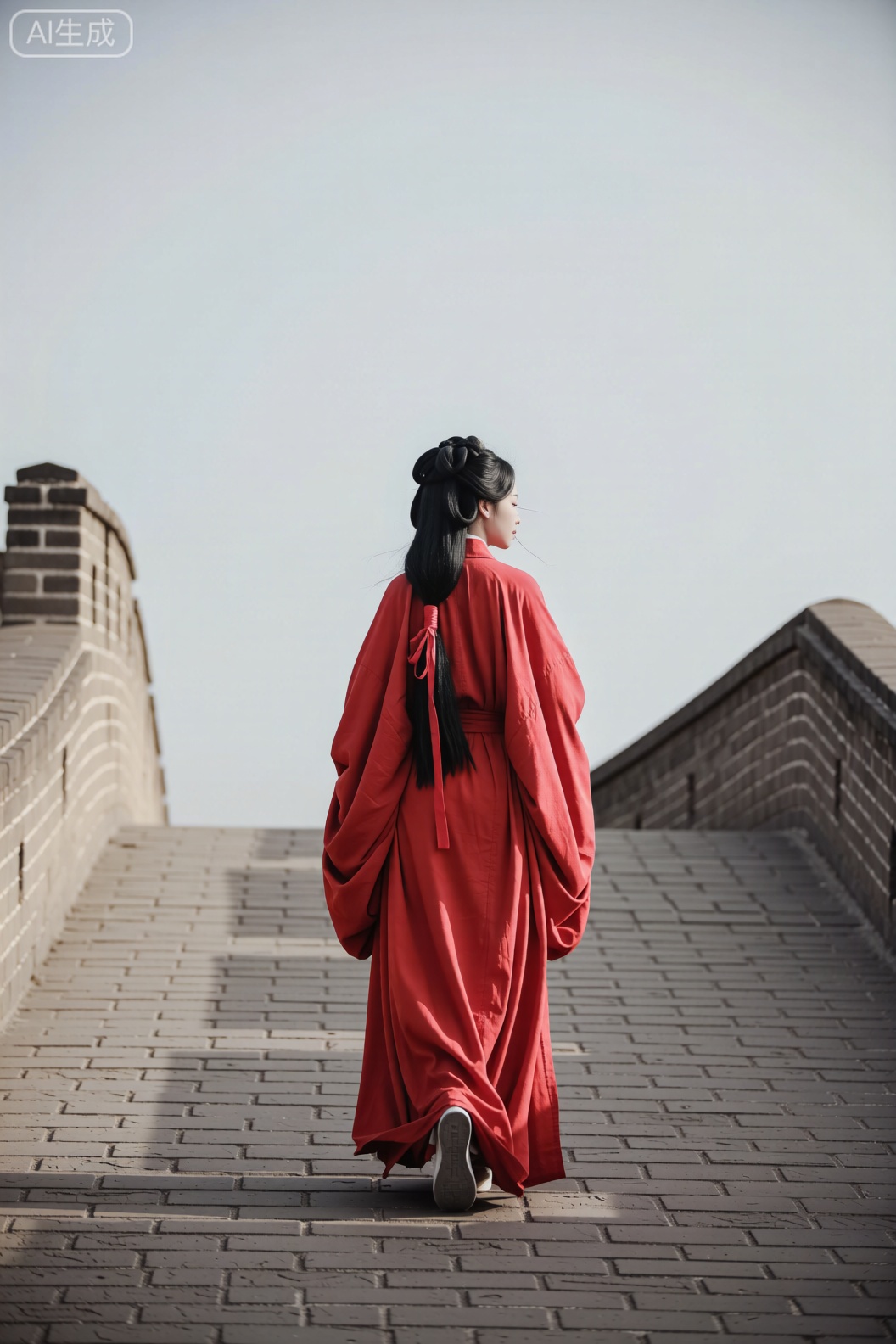 一位人物身着红色的古风长袍,长发梳成古典发髻,并用红色丝带束起,正走在由砖石铺就的古长城城道中。两侧是古朴的城墙,天空呈现出浅淡的色调,整体画面营造出一种古典且悠远的氛围。