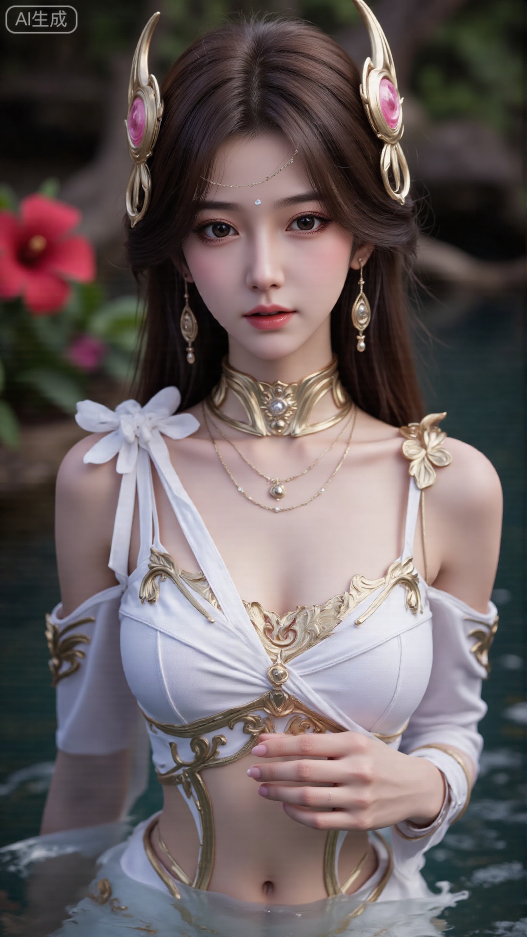 1girl, solo, long hair, breasts, looking at viewer, blush, open mouth, bangs, brown hair, hair ornament, dress, bare shoulders, brown eyes, medium breasts, collarbone, flower, parted lips, hair flower, water, white dress, sleeveless dress, leaf, plant, red flower, partially submerged, hibiscus
,backlighting,depth of field,cinematic lighting,light particles,lens flare, (artist:quasarcake:0.8),extreme aesthetic,(wlop:0.6),masterpiece,best quality,good quality,newest,very aesthetic,absurdres,Visual impact,A shot with tension, ultra-high resolution,32K UHD,sharp focus,best-quality,masterpiece,Emotionalization,unconventional supreme masterpiece,masterful details,temperate atmosphere,with a high-end texture,in the style of fashion photography, (alzi xiaomI:1.2),(mogumo:1.1),(good hands, nice hands:0.5),giving the poster a dynamic and visually striking appearance,impactful picture,offcial art,colorful,movie perspective, masterpiece,best quality,amazing quality,very aesthetic,absurdres,best quality,newest