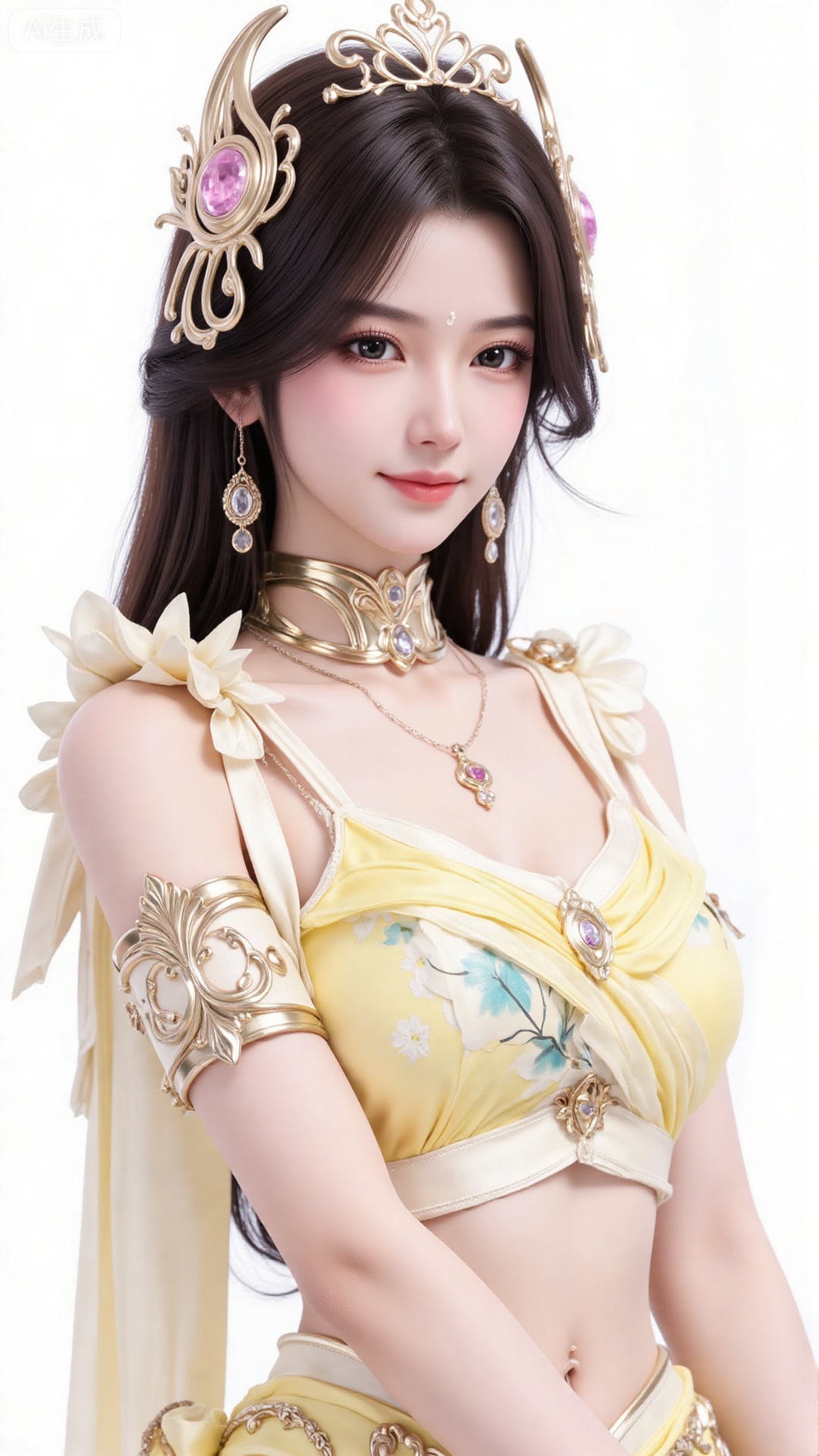 1girl, ((extremely detailed CG)), ((8k wallpaper)), solo, long hair, (looking at viewer:1.2), (sweet smile), (flat illustration), hair ornament, dress, jewelry, upper body, necklace, earrings,  lemon chiffon and cream print silk dress, white background, (flat color:1.2), flat light, (Medium Full Shot), from head to hip, Frontal View, eye level view, large bresats
