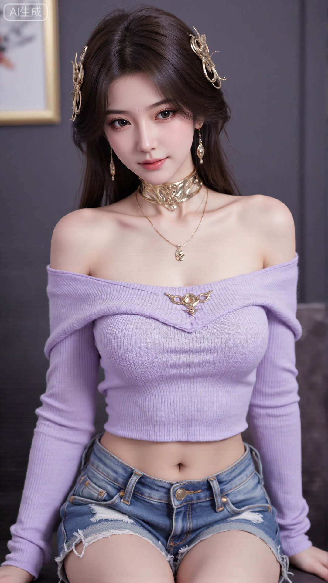1girl, solo, long hair, looking at viewer, smile, sitting, collarbone, off shoulder, sweater, messy hair, realistic
