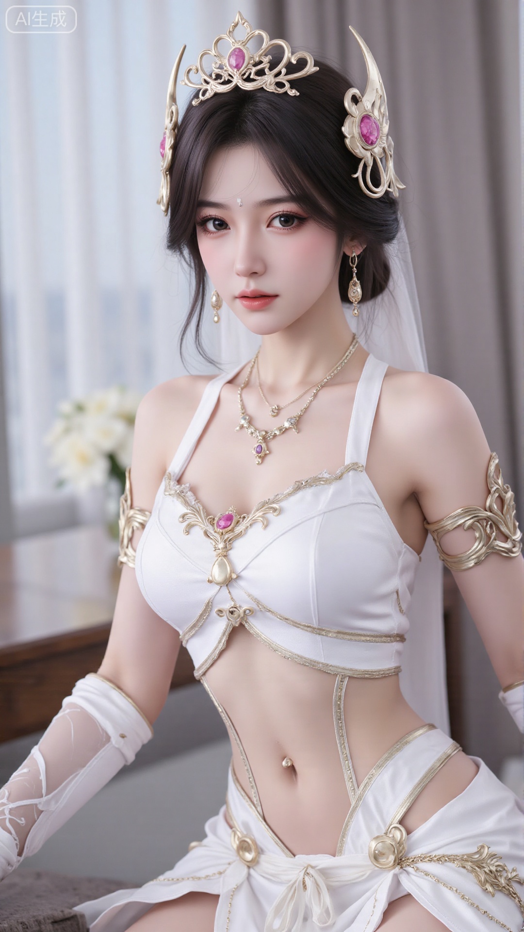1girl, white wedding dress,looking at viewer, mischevious smile, perfect body, scenery, sharp focus, best quality, masterpiece, detailed outfit, illustration, perfect eyes, finely detailed beautiful anime eyes, realistic skin, intricate details, best lighting, depth of field, ultra high resolution, cowboy_shot, bride