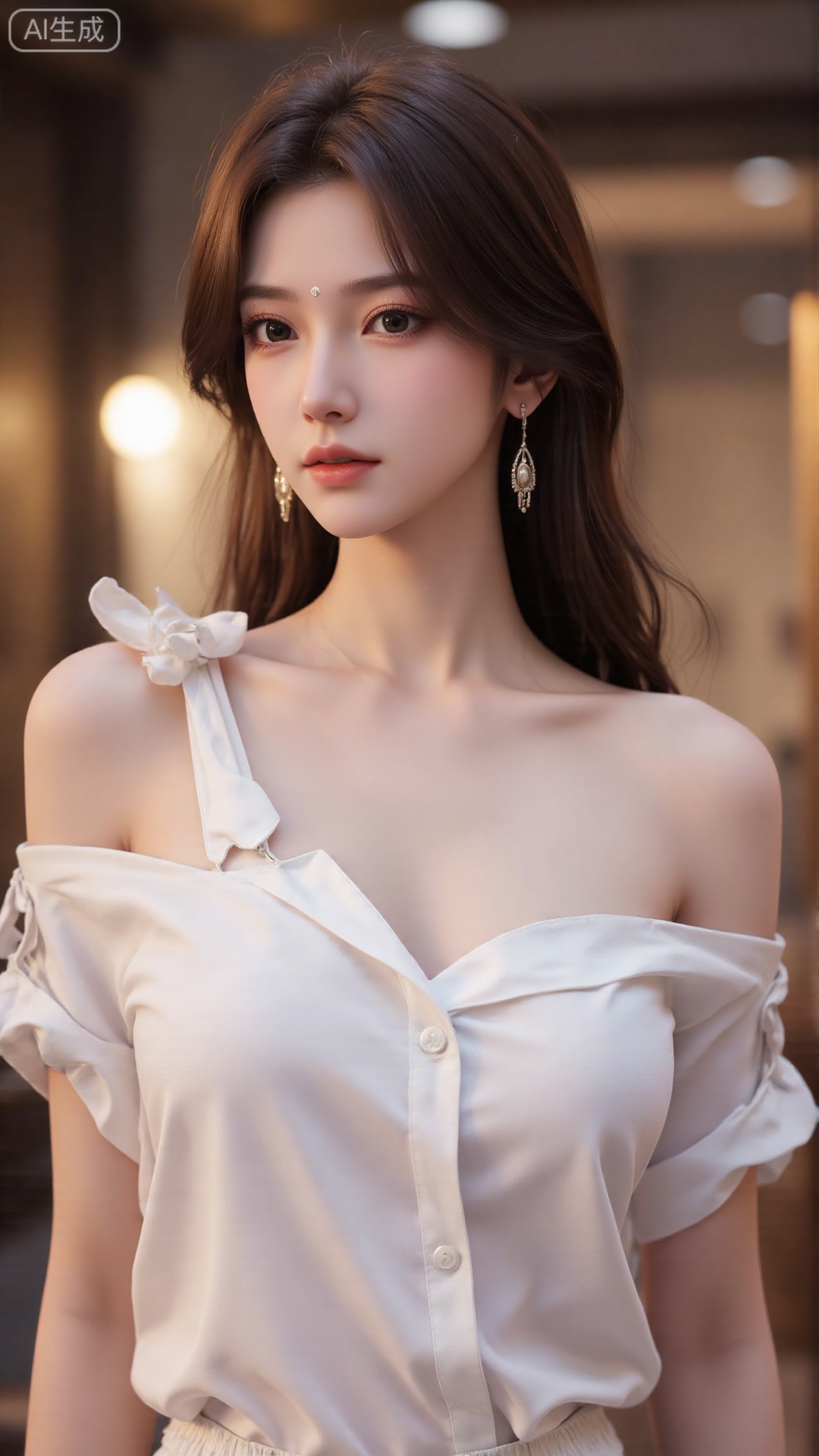 Generate an 8K resolution, ultra-high definition portrait, accurately reproduce the details of female facial features and skin texture in the picture, and the hair presents a natural brown tone luster and fluffy texture. The character is wearing a loose white shirt, restoring the soft material, wrinkled shape and semi-out-shoulder outfit of the clothes. Control the lighting into a soft and warm atmosphere, which fits the original image's light and shadow, professional camera style, high sharpness and low noise, depth of field highlights the subject, and conveys lazy and casual emotions.