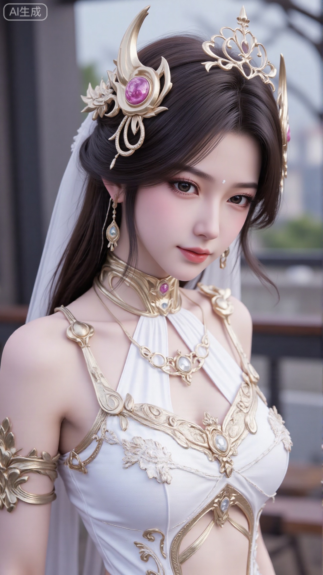 1girl, white wedding dress,looking at viewer, mischevious smile, perfect body, scenery, sharp focus, best quality, masterpiece, detailed outfit, illustration, perfect eyes, finely detailed beautiful anime eyes, realistic skin, intricate details, best lighting, depth of field, ultra high resolution, cowboy_shot, bride