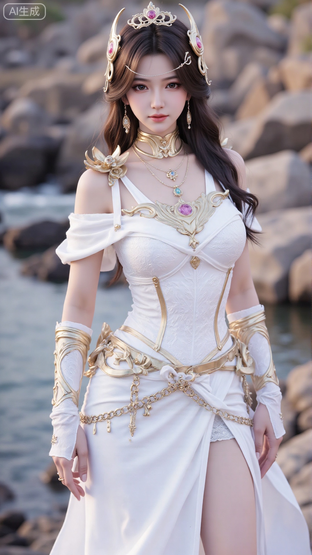 1girl, white wedding dress,looking at viewer, mischevious smile, perfect body, scenery, sharp focus, best quality, masterpiece, detailed outfit, illustration, perfect eyes, finely detailed beautiful anime eyes, realistic skin, intricate details, best lighting, depth of field, ultra high resolution, cowboy_shot, bride