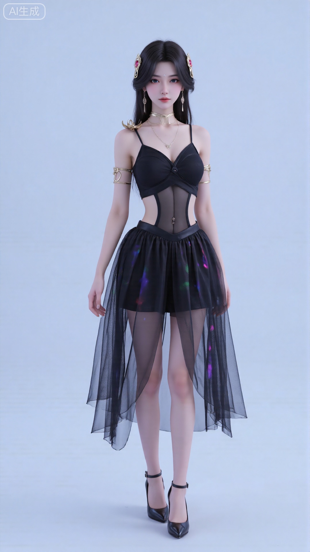 A beautiful anime - style girl with long black hair styled. She wears a black spaghetti - strap dress with a tulle skirt that fades into a colorful, iridescent effect. Completing her look are black high - heeled shoes with red soles. Against a simple light - blue background, high - detail, realistic shading, anime - realistic hybrid style, 8K resolution, photorealistic rendering.