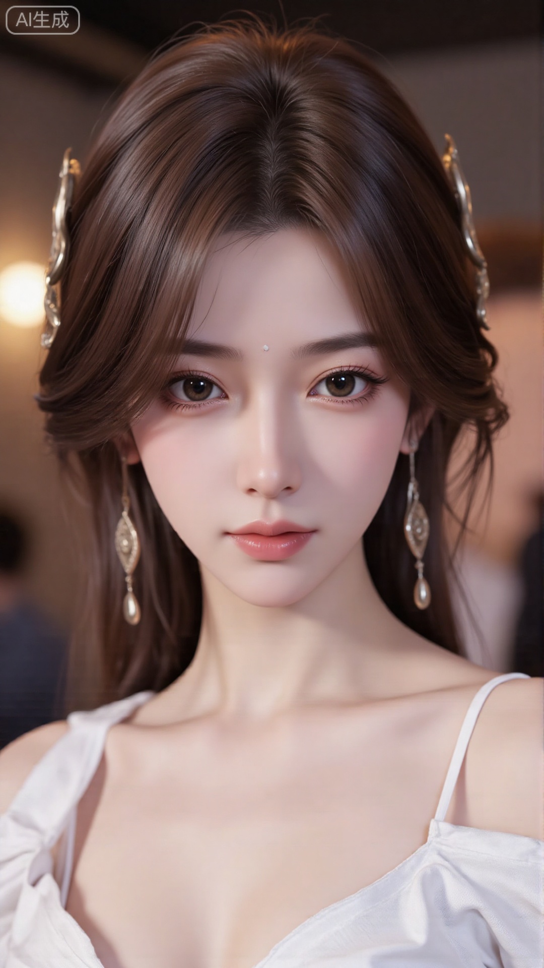 Generate an 8K resolution, ultra-high definition portrait, accurately reproduce the details of female facial features and skin texture in the picture, and the hair presents a natural brown tone luster and fluffy texture. The character is wearing a loose white shirt, restoring the soft material, wrinkled shape and semi-out-shoulder outfit of the clothes. Control the lighting into a soft and warm atmosphere, which fits the original image's light and shadow, professional camera style, high sharpness and low noise, depth of field highlights the subject, and conveys lazy and casual emotions.