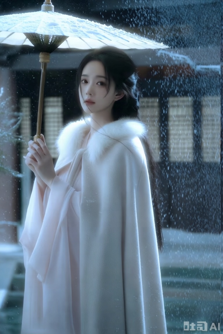 一名穿着白色披风的年轻亚洲妇女站在建筑物的背景前。女人的脸朝向镜头,,头发沿着她的右边飘逸。她拿着一把雨伞,雨伞被雪覆盖,而伞在框架的左侧铸造了一个阴影。背景是模糊的,暗示了一个宁静的下雪天