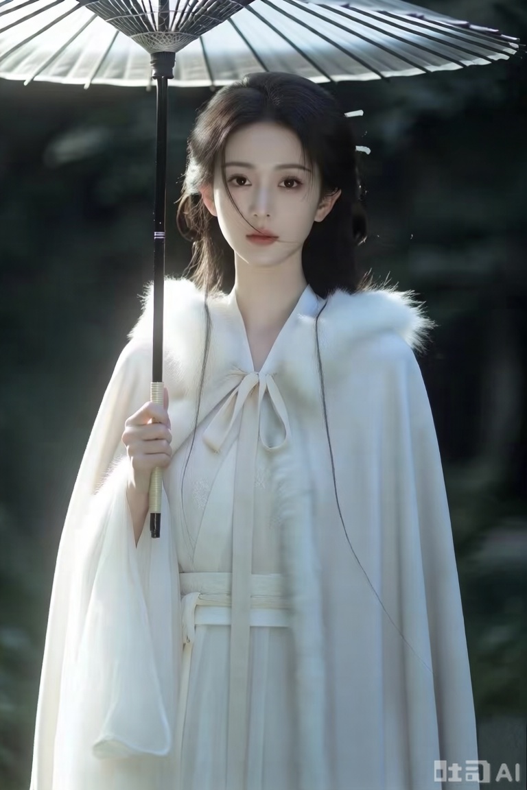 一个穿着白色披风的女人,装饰着白色的引擎盖和白色腰带。她拿着黑色的雨伞,头发沿着肩膀层叠,为她的衣服增添了些许温暖。背景是模糊的,与女人和雨伞形成了鲜明的对比。