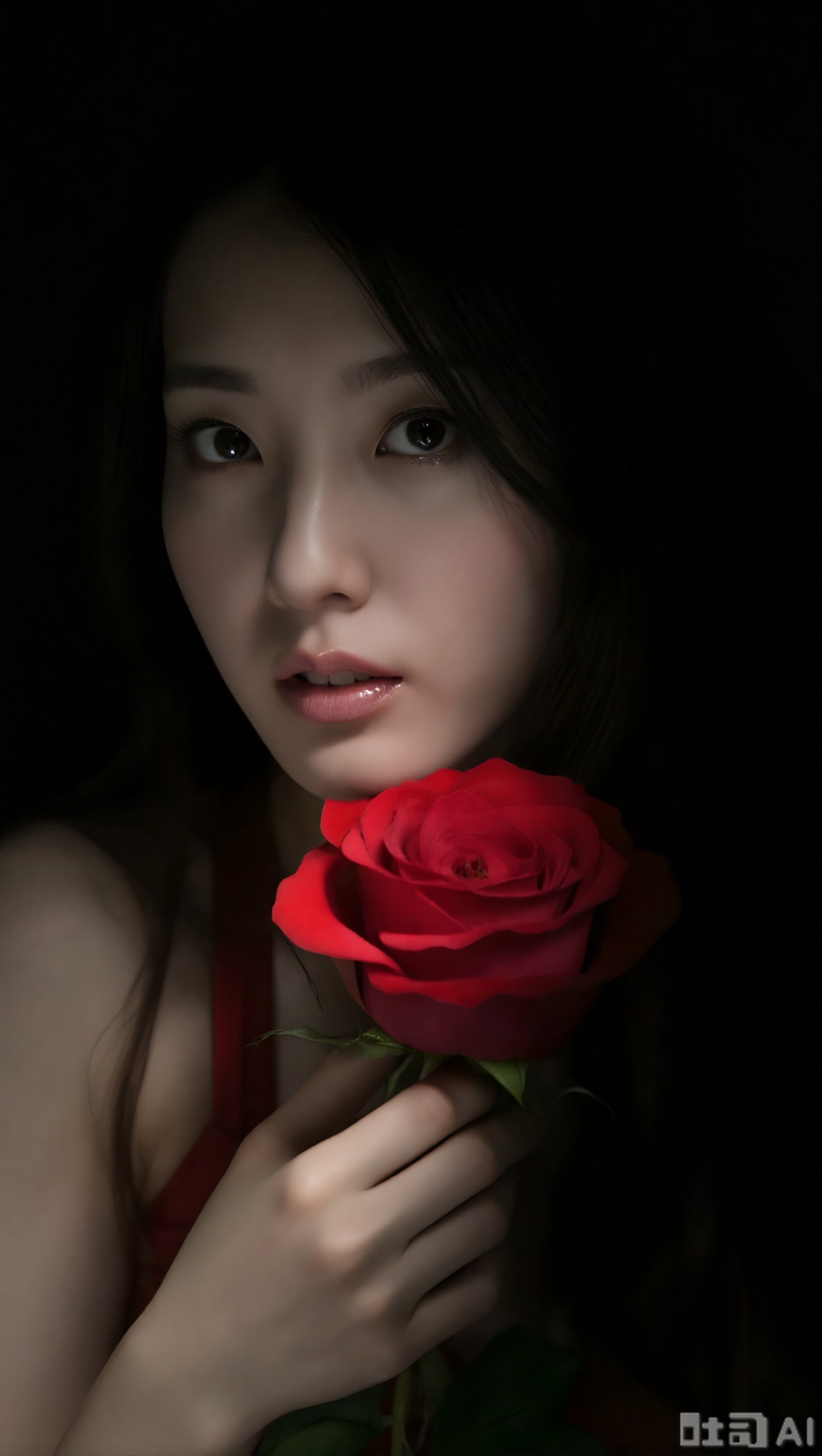 Close-up portrait of a delicate-faced woman holding a bright red rose lightly touching her cheek, highlighting her subject in a pure black background. Side light creates a strong contrast of light and darkness, highlighting the skin texture and the full color of the rose. The picture focuses on the classic color scheme of red and black, creating a layered, elegant and mysterious dramatic atmosphere through extremely simple composition.
