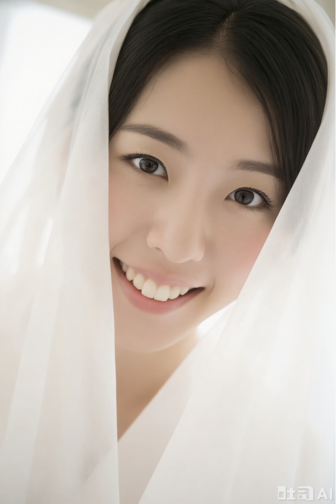 A young Asian woman with a smile is surrounded by a gentle white veil. Under the natural light in the indoor area, the picture presents a soft and dreamy warm atmosphere.