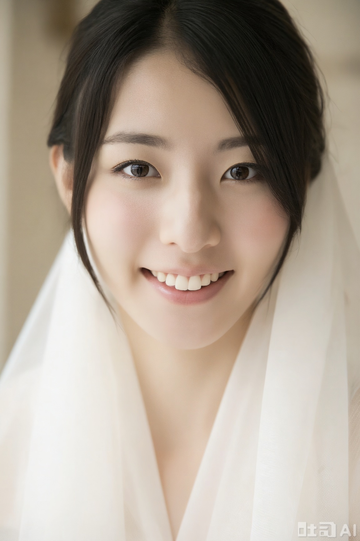 A young Asian woman with a smile is surrounded by a gentle white veil. Under the natural light in the indoor area, the picture presents a soft and dreamy warm atmosphere.