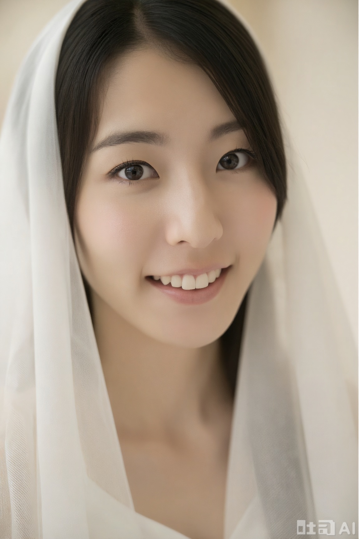 A young Asian woman with a smile is surrounded by a gentle white veil. Under the natural light in the indoor area, the picture presents a soft and dreamy warm atmosphere.