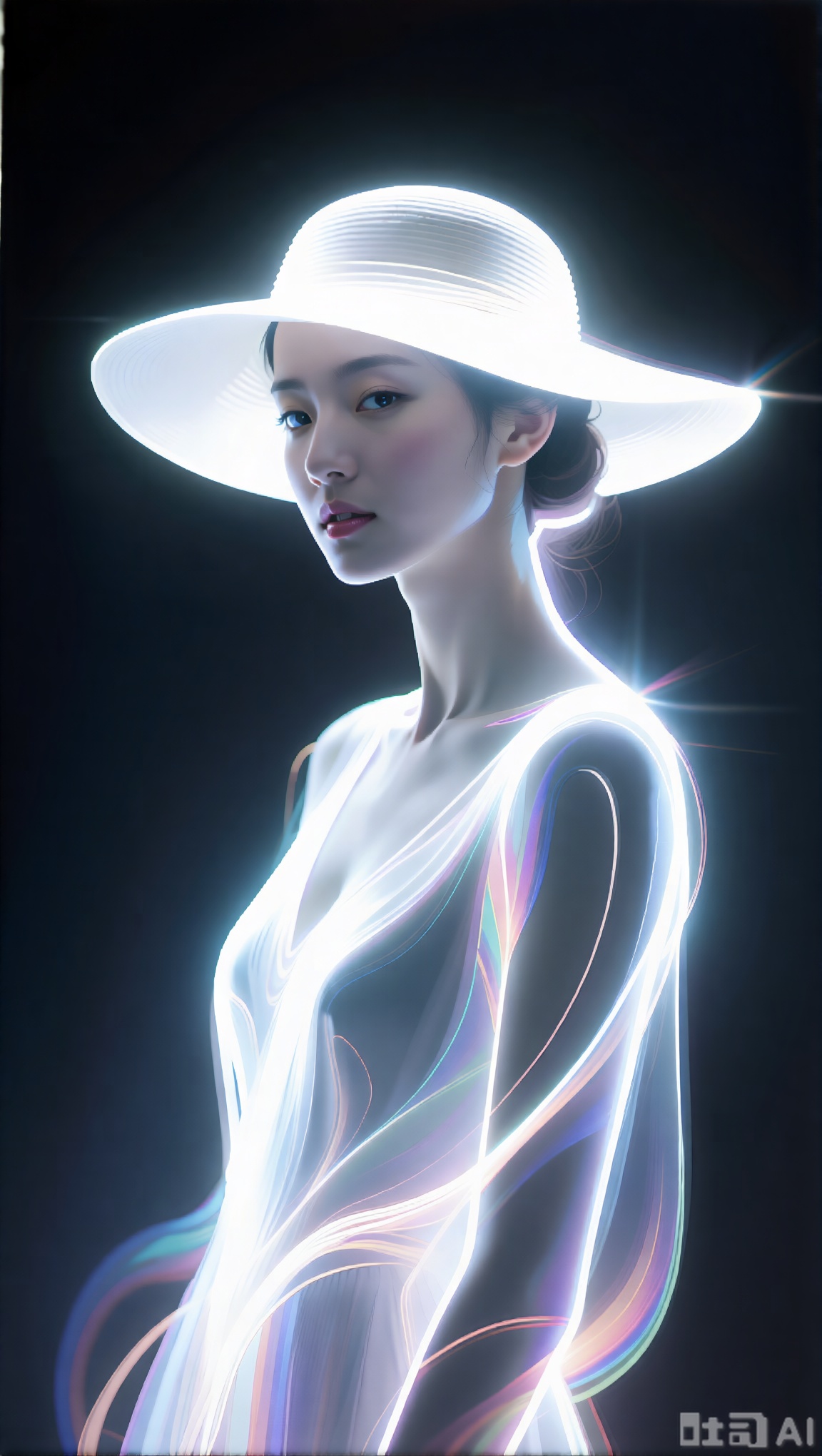 一位「戴着宽边帽的优雅女士的发光轮廓,由精致流动的光线线条构成优雅且抽象,有着柔和的曲线与优美的形状,在深色背景上散发着明亮的白色光芒,风格空灵简约,属于未来主义光绘,对比度高,有柔和的光影效果,呈现时尚插画风格,人物五官清晰精致。飘渺梦幻的拖影,色彩绚丽