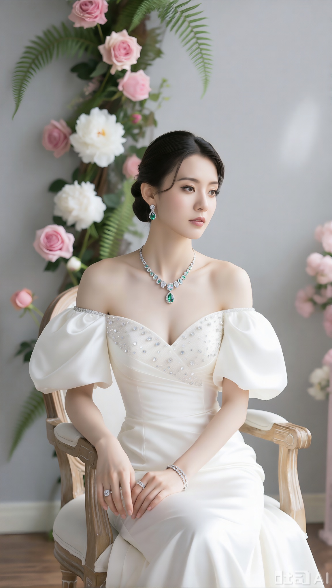 masterpiece, best quality, ultra-detailed, 8K resolution, 一位妆容精致气质高雅的亚洲女性,盘发发型,佩戴奢华珠宝（钻石项链、耳环、手链）,身穿单肩设计的白色高级定制礼服,肩部镶满璀璨水钻,蓬松的绸缎袖口柔软有垂感,端坐在一张古典椅子上,姿态优雅端庄。背景是柔和的浅灰色墙面,装饰着粉色玫瑰、白色芍药与绿色蕨类枝叶的垂直花墙,虚化处理。室内柔光照明,光影柔和,突出珠宝的闪耀和礼服的光泽。整体色调以白色、淡粉色和香槟金为主,营造高贵、浪漫、梦幻的氛围。中心构图,时尚摄影风格,锐利焦点,细腻质感,柔焦背景,浅景深。


