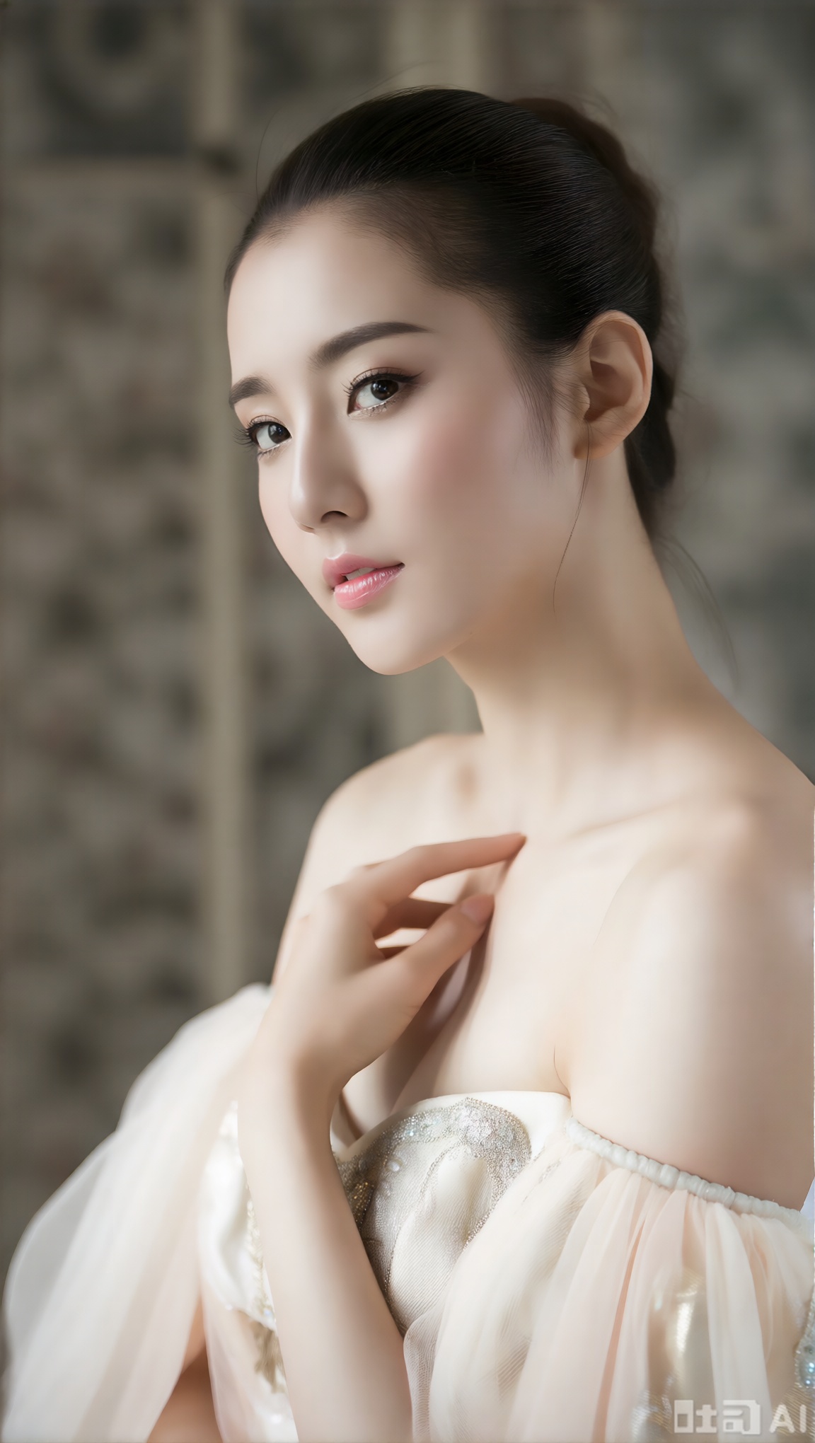 时尚而优雅的画面,美丽的女子身着华丽服饰,精致的面容和优雅的姿态尽显魅力,背景细腻而富有情调,充满浪漫与迷人的气质。