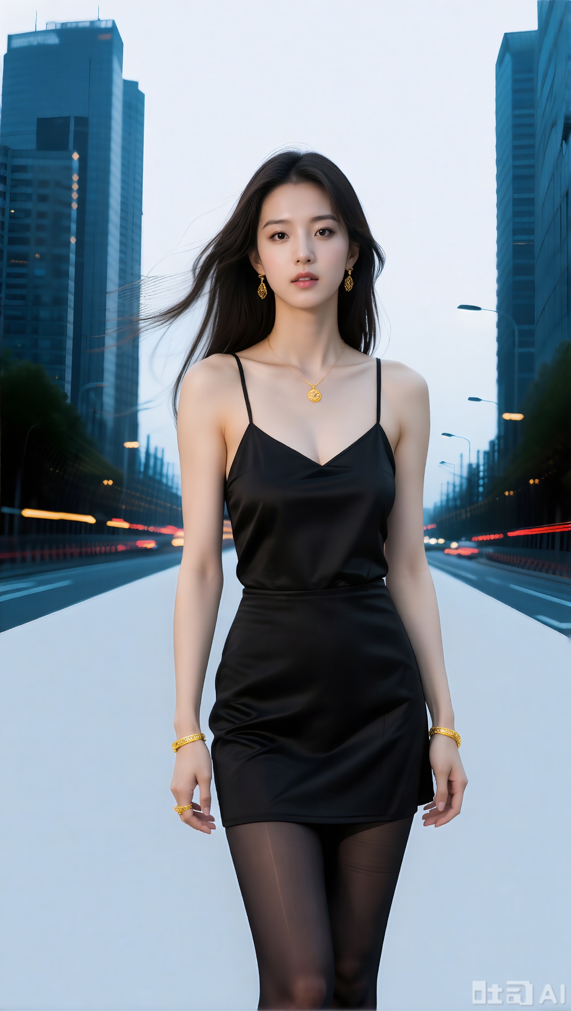 都市黄昏,时尚女性,黑色吊带短裙,黑色丝袜,金色饰品,飘逸长发,街道背景,高楼林立,车流光轨,暖色调,中心构图,时尚摄影


