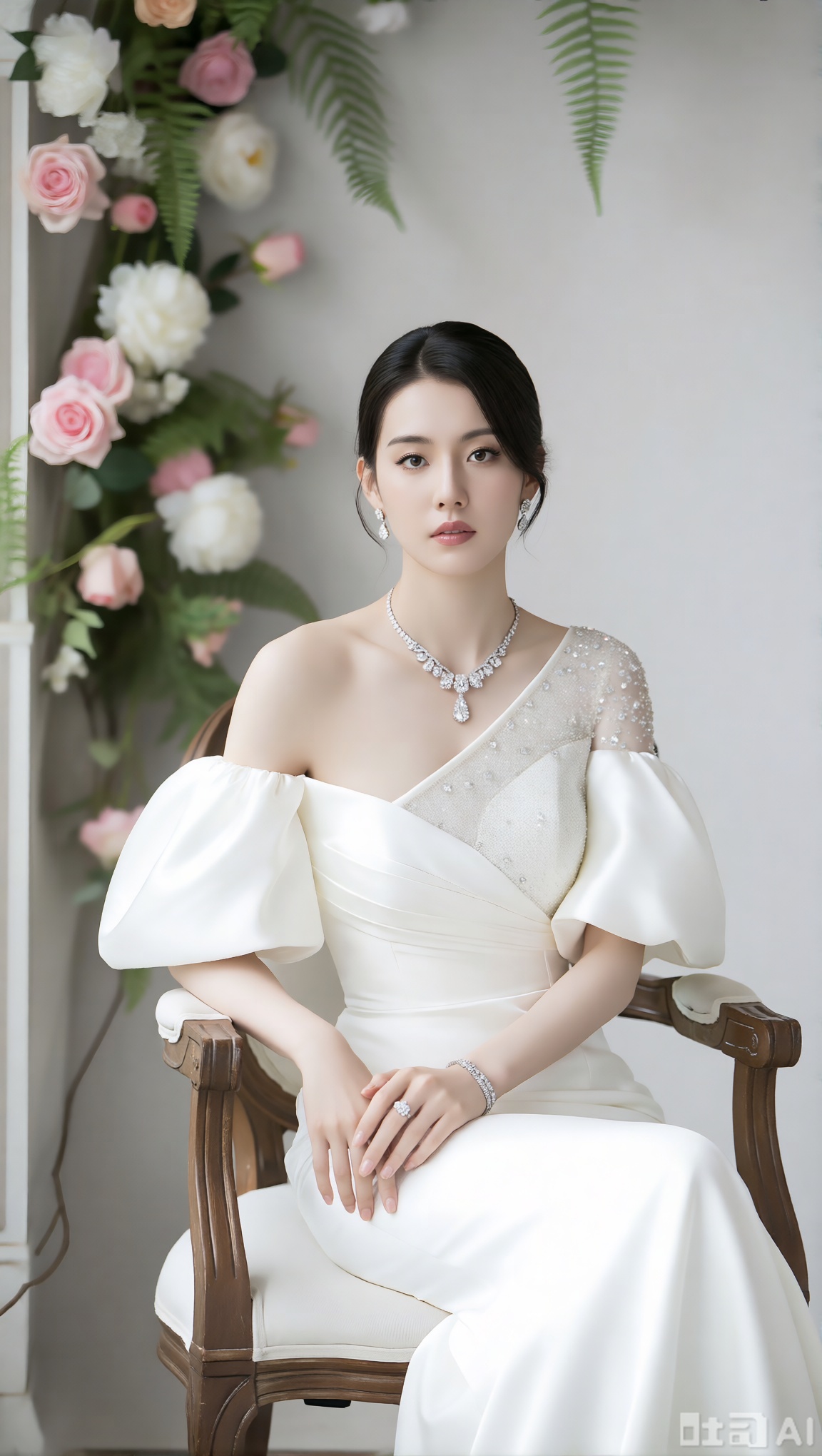 masterpiece, best quality, ultra-detailed, 8K resolution, 一位妆容精致气质高雅的亚洲女性,盘发发型,佩戴奢华珠宝（钻石项链、耳环、手链）,身穿单肩设计的白色高级定制礼服,肩部镶满璀璨水钻,蓬松的绸缎袖口柔软有垂感,端坐在一张古典椅子上,姿态优雅端庄。背景是柔和的浅灰色墙面,装饰着粉色玫瑰、白色芍药与绿色蕨类枝叶的垂直花墙,虚化处理。室内柔光照明,光影柔和,突出珠宝的闪耀和礼服的光泽。整体色调以白色、淡粉色和香槟金为主,营造高贵、浪漫、梦幻的氛围。中心构图,时尚摄影风格,锐利焦点,细腻质感,柔焦背景,浅景深。


