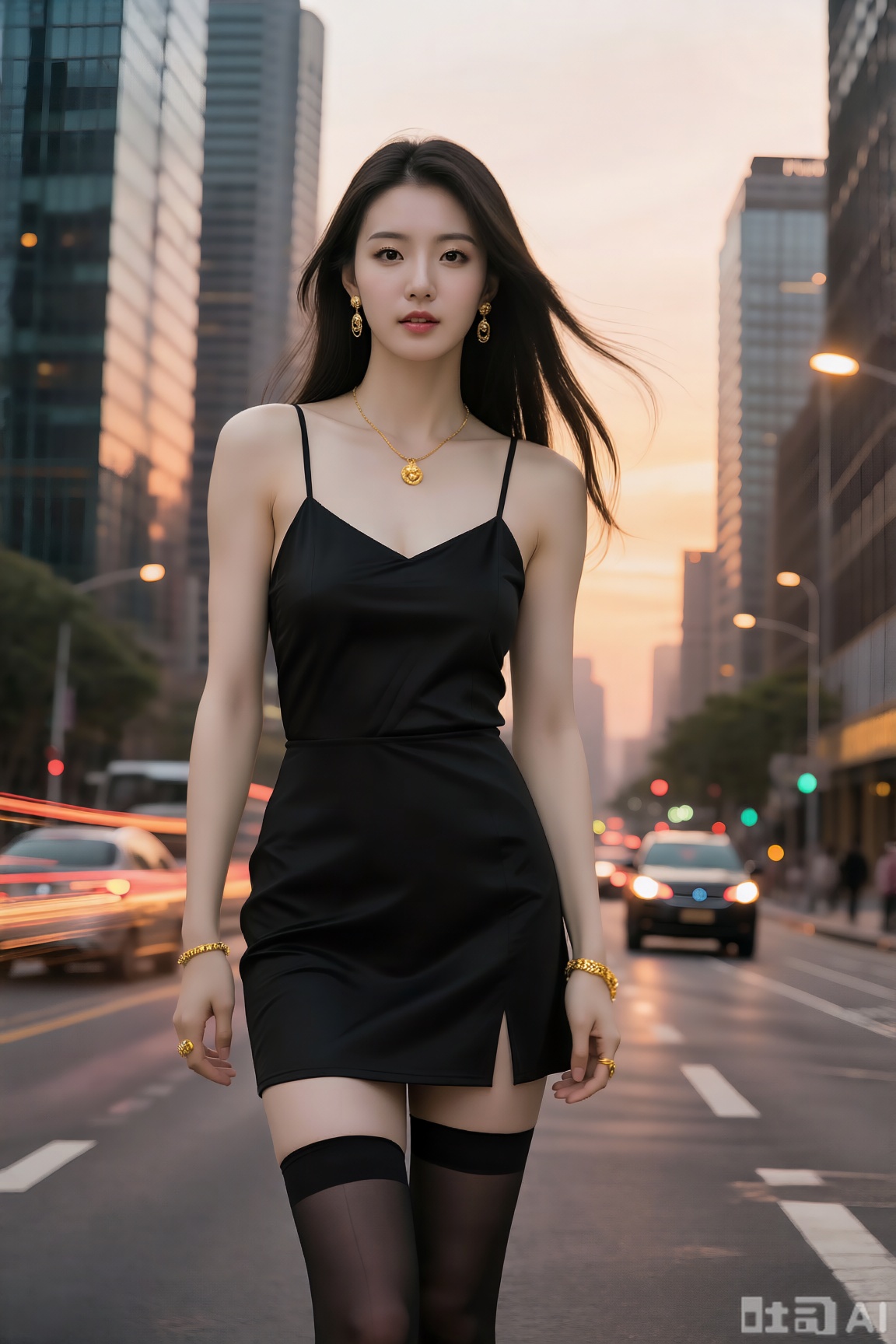 都市黄昏,时尚女性,黑色吊带短裙,黑色丝袜,金色饰品,飘逸长发,街道背景,高楼林立,车流光轨,暖色调,中心构图,时尚摄影


