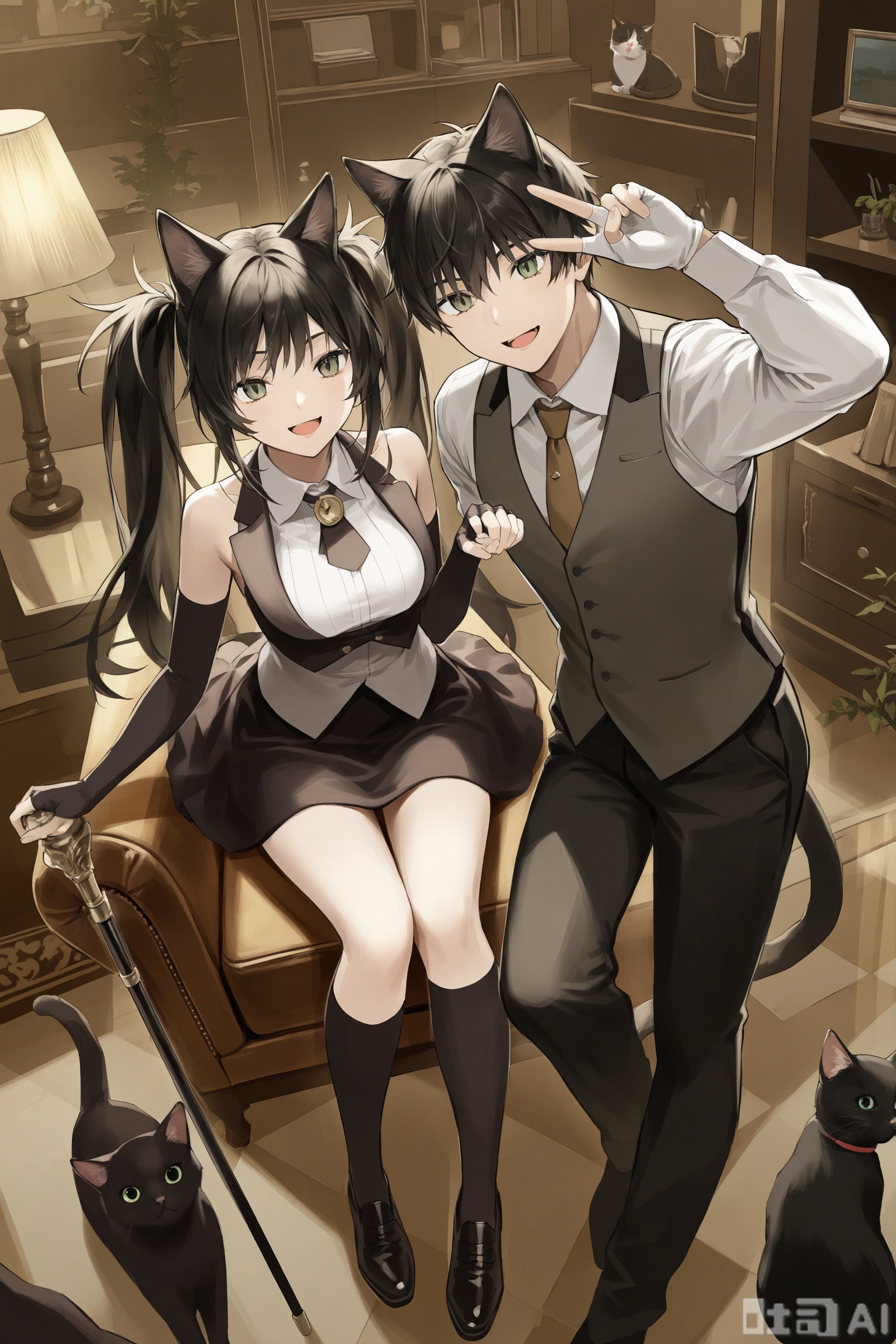 1girl, long hair, breasts, looking at viewer, smile, open mouth, skirt, shirt, black hair, gloves, 1boy, holding, animal ears, twintails, sitting, green eyes, full body, white shirt, detached sleeves, necktie, shoes, black gloves, socks, elbow gloves, collared shirt, pants, indoors, cat ears, white gloves, fingerless gloves, black footwear, vest, kneehighs, v, animal, black pants, cat, black cat, cane,keki