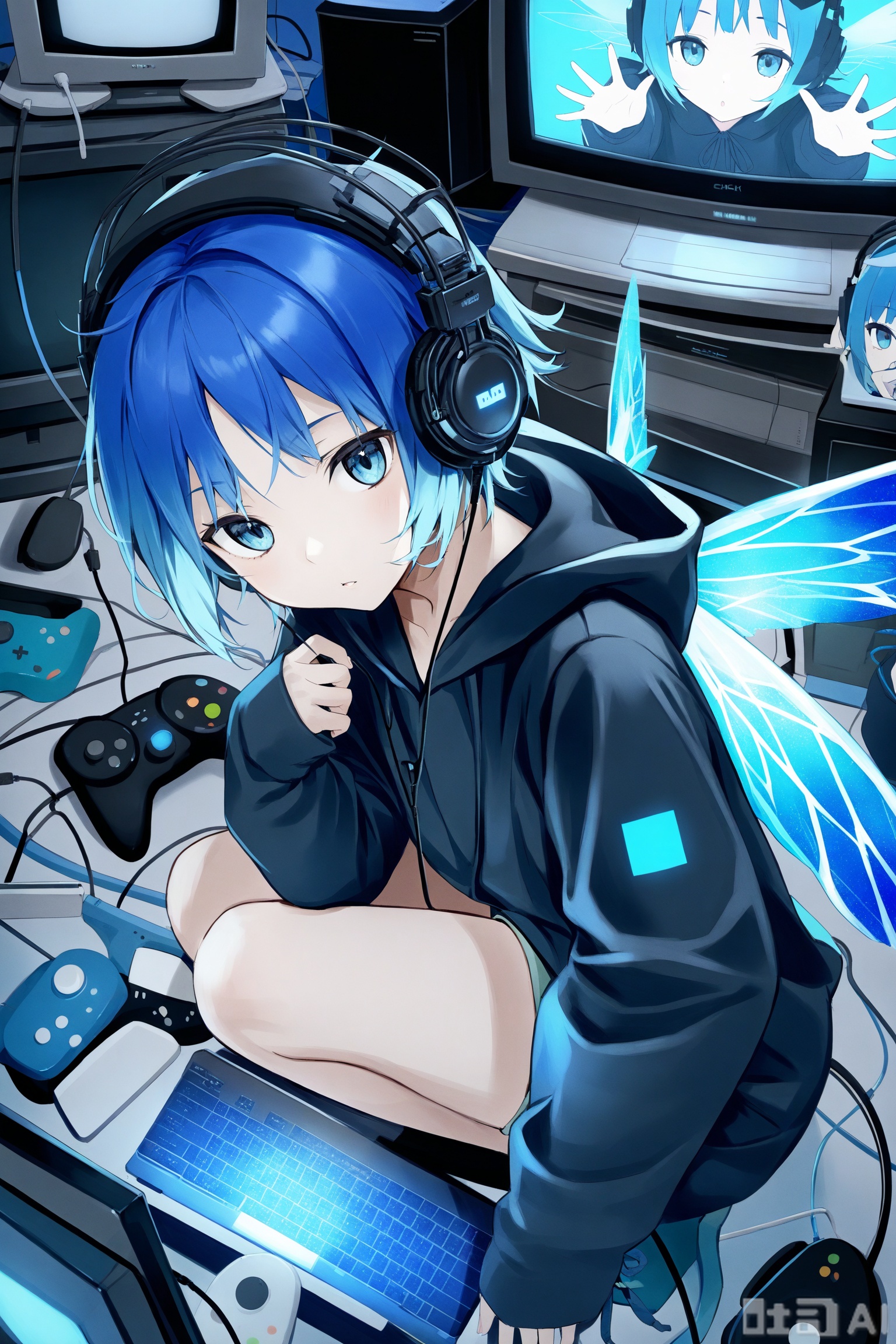 1girl, solo, short hair, bangs, blue eyes, long sleeves, blue hair, wings, shorts, hood, hoodie, headphones, controller, cable, computer, monitor, game controller, keyboard \(computer\),keki