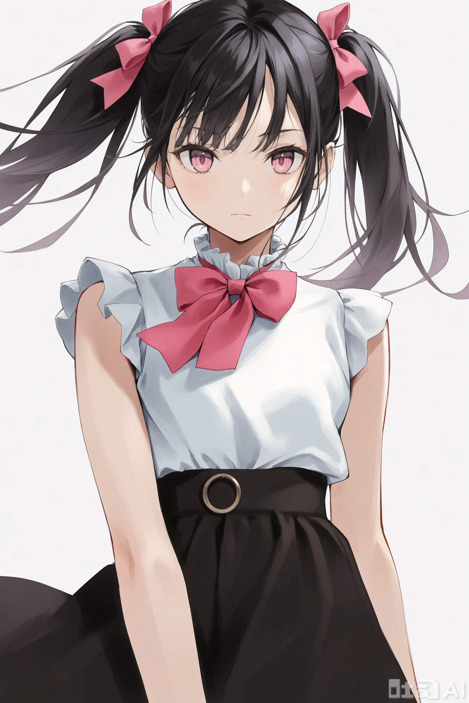 1girl, solo, long hair, looking at viewer, bangs, skirt, simple background, shirt, black hair, white background, bow, ribbon, twintails, closed mouth, white shirt, hair bow, cowboy shot, sleeveless, bowtie, black skirt, pink eyes, grey background, nail polish, red ribbon, sleeveless shirt, floating hair, pink bow, pink nails, pink ribbon, high-waist skirt, shirt tucked in,keki