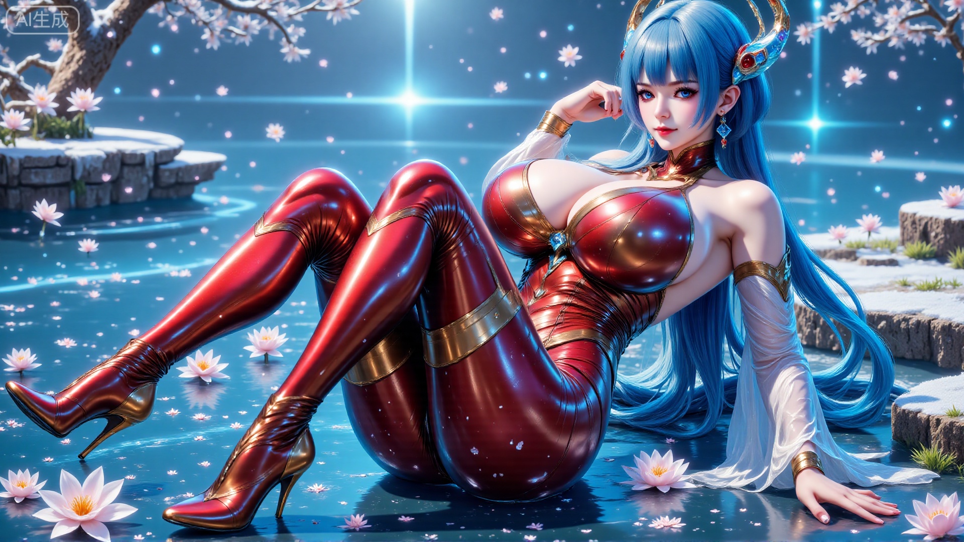 DTCwqe,1girl,solo,on the water,bodysuit,shiny red bodysuit,red pantyhose,red footwear,long hair,curvy,mature female,breasts,arge breasts,huge breasts,hair ornament,blue hair,flowers,tree,snow,snowing,the snow soaked the clothes,LXQ-ba,petals,low angle shot,shot from below and the front,CFMbulianshi,DTCjr,DTCmoyu,Hugebr,babata,DTCBB
