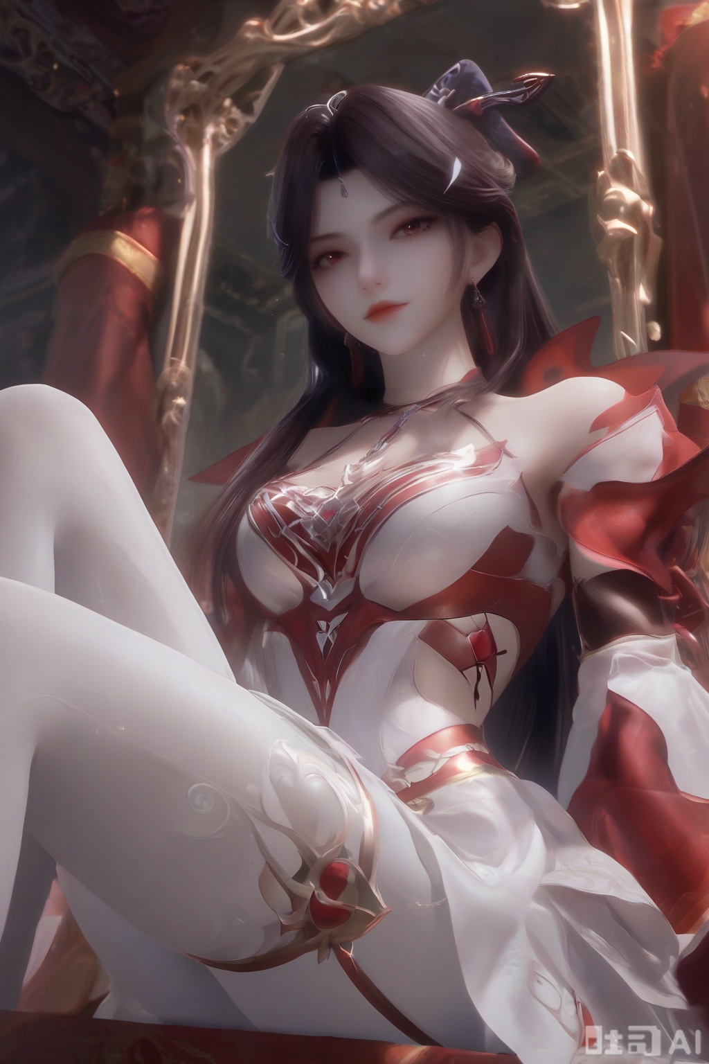 masterpiece, best quality, masterpiece,best quality,official art,extremely detailed CG unity 8k wallpaper, 1girl,solo,looking at viewer,long hair,black hair,hair ornament,jewelry,earrings,shiny skin,white skin,sitting,no shoes,no shoes,cross-laced clothes,white pantyhose,(Red and white dress:1.2),Red and white dress,Red and white dress,white dress,delicate feet,dainty feet,Long Legs,white sleeve garter,crossed legs,from below,side mirror,arm_support, 