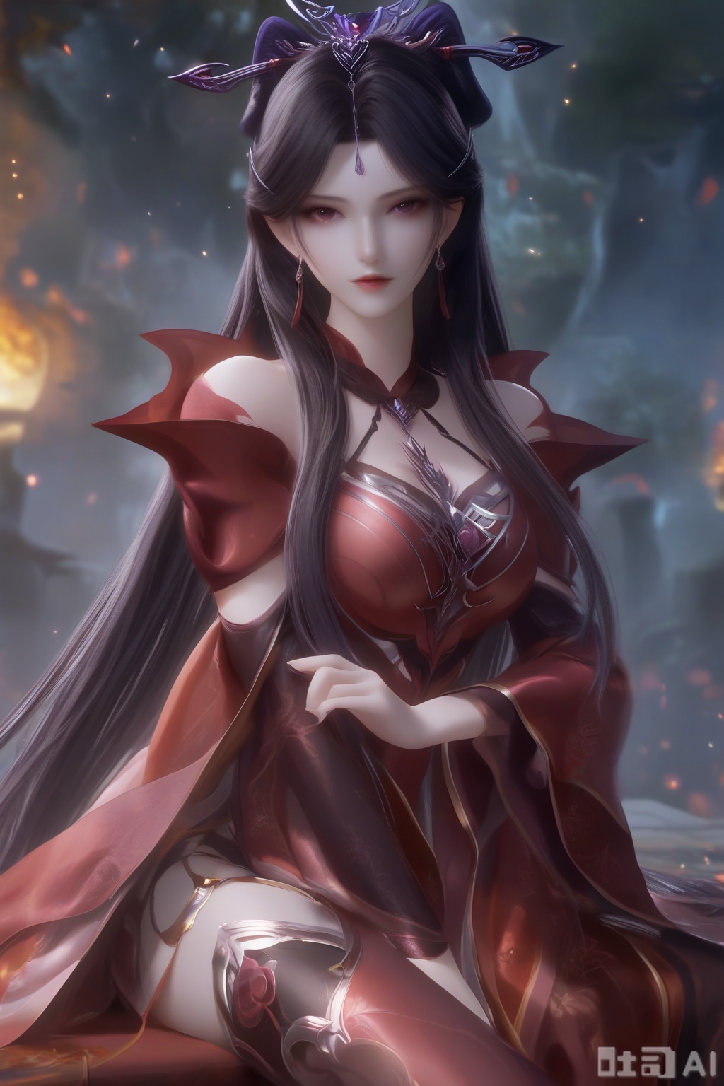 masterpiece, best quality, masterpiece,best quality,official art,extremely detailed CG unity 8k wallpaper, 1girl,solo,looking at viewer,long hair,black hair,hair ornament,jewelry,earrings,shiny skin,white skin,sitting