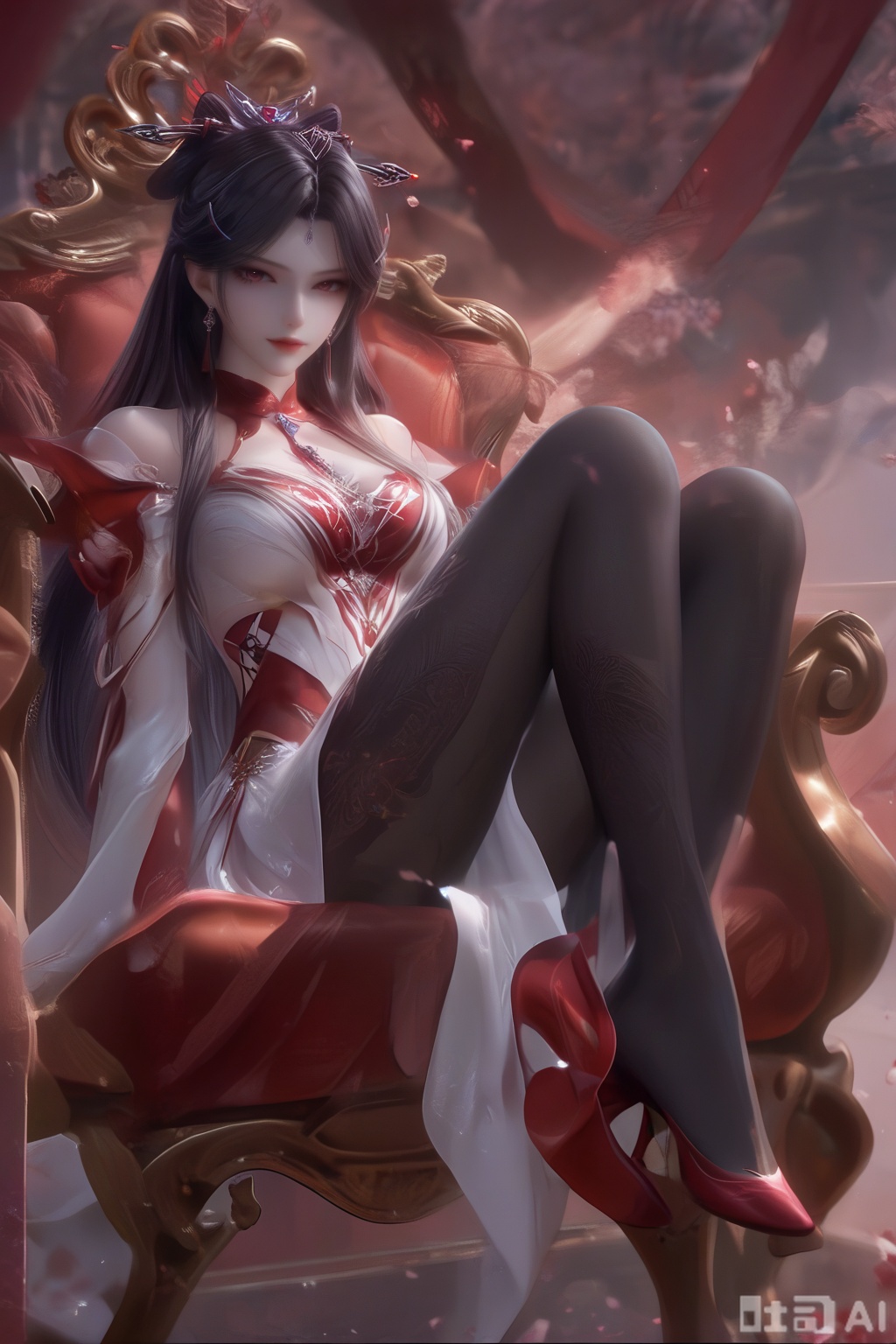 masterpiece, best quality, masterpiece,best quality,official art,extremely detailed CG unity 8k wallpaper, 1girl,solo,looking at viewer,long hair,black hair,hair ornament,jewelry,earrings,shiny skin,white skin,sitting,no shoes,(no high heels:1.3),cross-laced clothes,pantyhose,Red and white dress