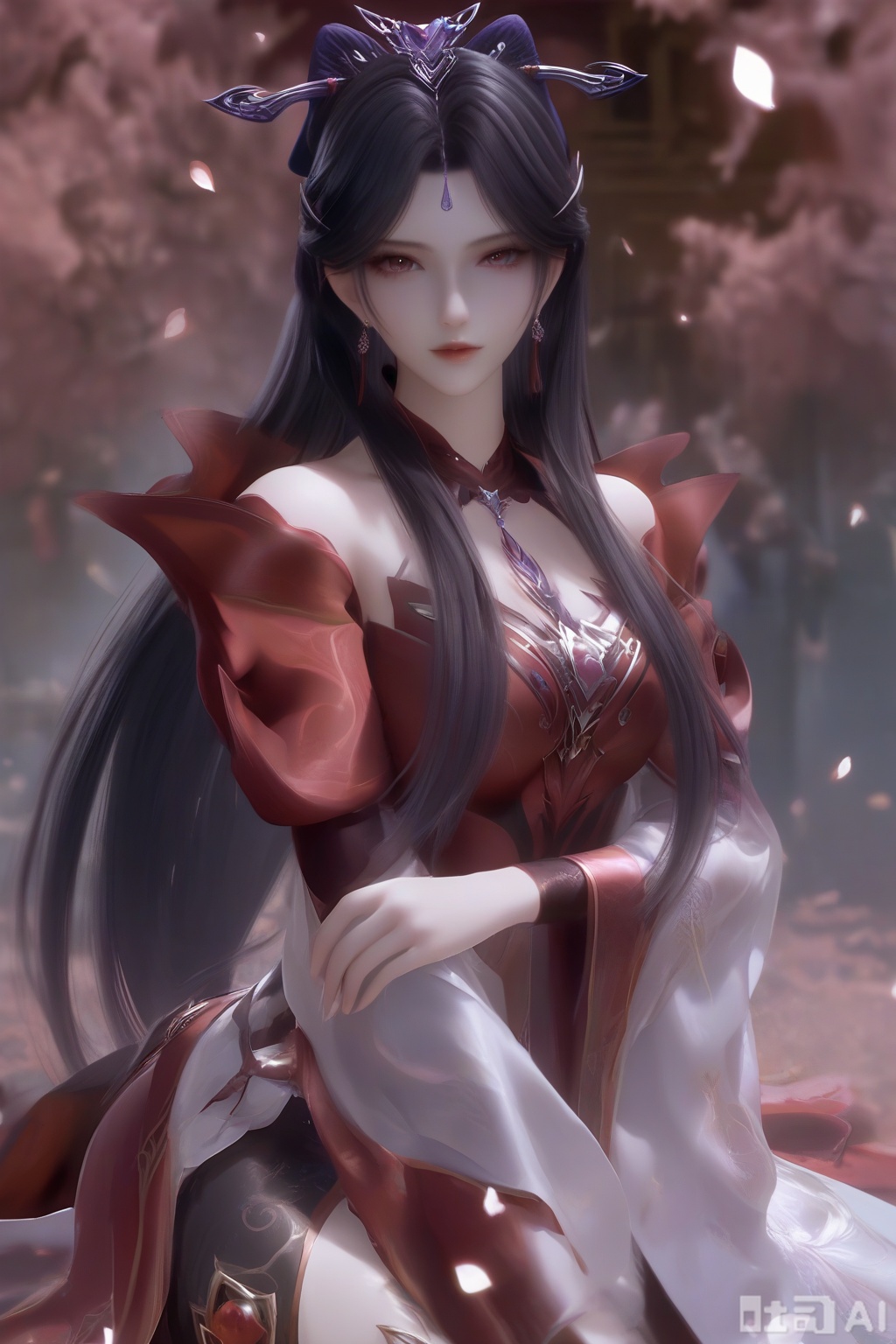 masterpiece, best quality, masterpiece,best quality,official art,extremely detailed CG unity 8k wallpaper, 1girl,solo,looking at viewer,long hair,black hair,hair ornament,jewelry,earrings,shiny skin,white skin,sitting
