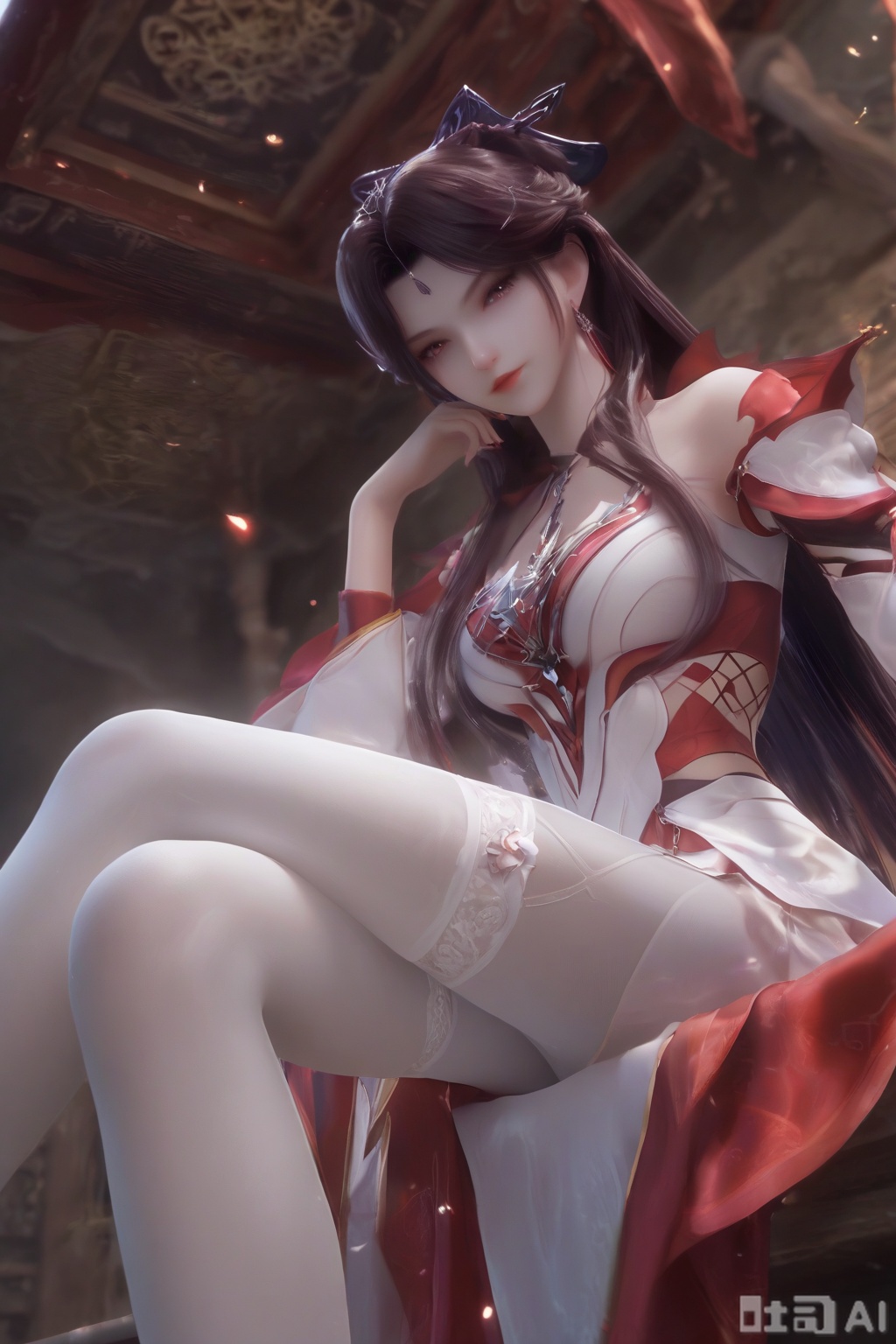 masterpiece, best quality, masterpiece,best quality,official art,extremely detailed CG unity 8k wallpaper, 1girl,solo,looking at viewer,long hair,black hair,hair ornament,jewelry,earrings,shiny skin,white skin,sitting,no shoes,no shoes,cross-laced clothes,white pantyhose,(Red and white dress:1.2),Red and white dress,Red and white dress,white dress,delicate feet,dainty feet,Long Legs,white sleeve garter,crossed legs,from below,side mirror,arm_support, 