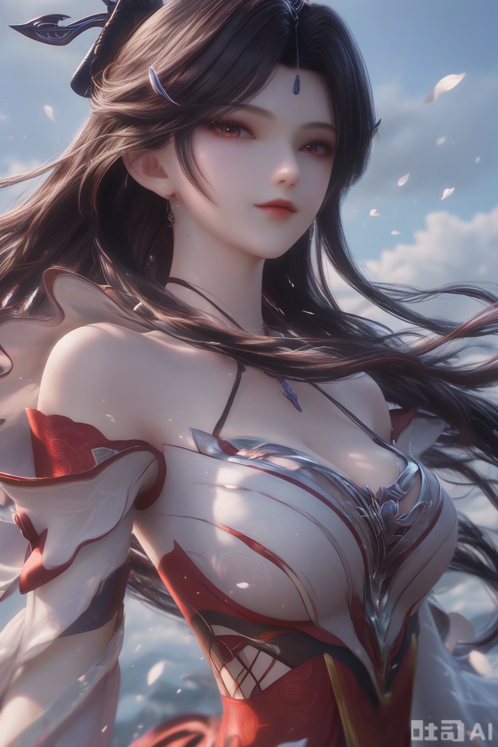 masterpiece, best quality, masterpiece,best quality,official art,extremely detailed CG unity 8k wallpaper, 1girl,solo,looking at viewer,long hair,black hair,hair ornament,(white sleeve garter:1.3),portrait,close-up,pov,Red and white background,blurry background,cleavage cutout,upper body,(wind lift:1.3)