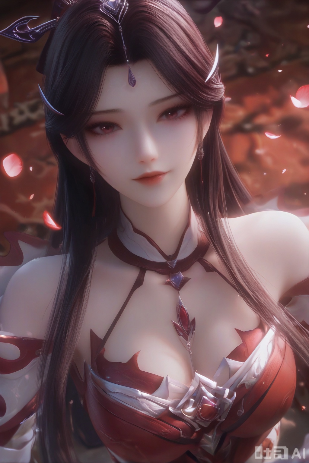 masterpiece, best quality, masterpiece,best quality,official art,extremely detailed CG unity 8k wallpaper, 1girl,solo,looking at viewer,long hair,black hair,hair ornament,(white sleeve garter:1.3),portrait,close-up,pov,Red and white background,blurry background,cleavage cutout,upper body