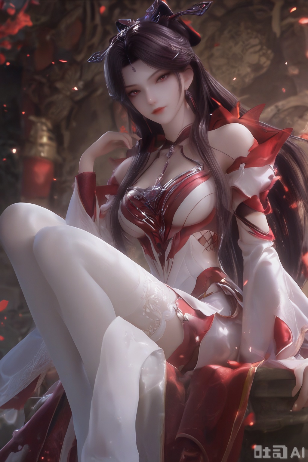 masterpiece, best quality, masterpiece,best quality,official art,extremely detailed CG unity 8k wallpaper, 1girl,solo,looking at viewer,long hair,black hair,hair ornament,jewelry,earrings,shiny skin,white skin,sitting,no shoes,no shoes,cross-laced clothes,white pantyhose,(Red and white dress:1.2),Red and white dress,Red and white dress,white dress,white sleeve garter,