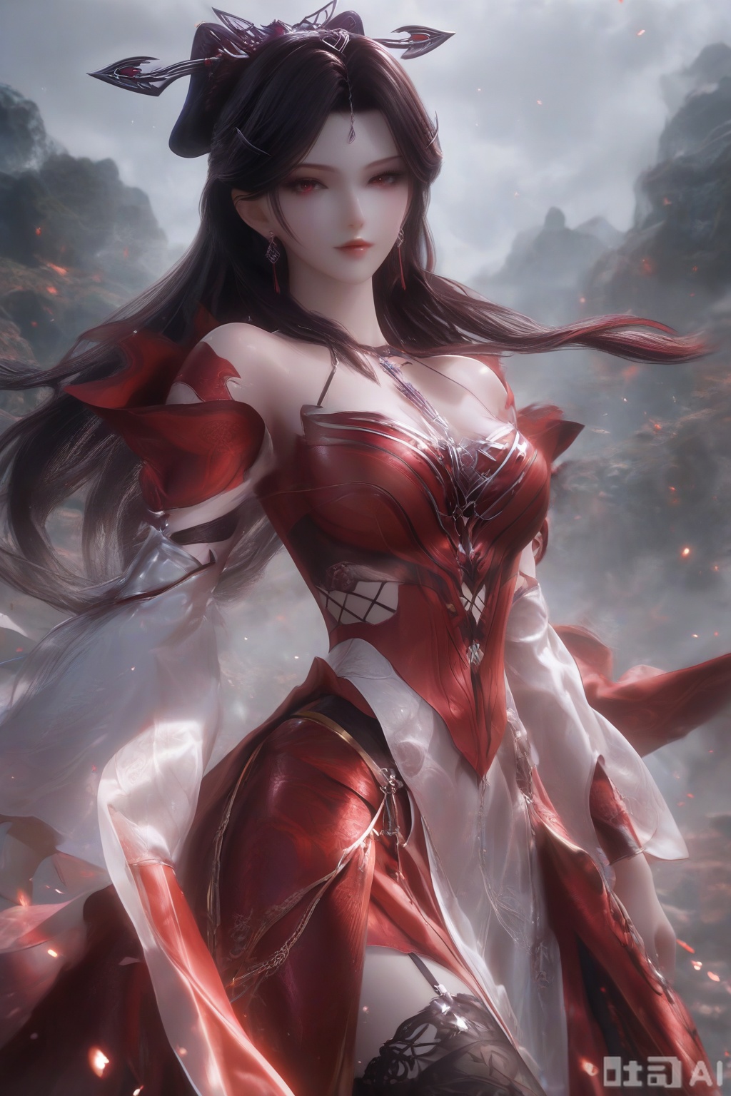 masterpiece, best quality, masterpiece,best quality,official art,extremely detailed CG unity 8k wallpaper, 1girl,solo,looking at viewer,long hair,black hair,hair ornament,jewelry,earrings,shiny skin,white skin,cross-laced clothes,(Red and white dress:1.2),Red and white dress,Red and white dress,white dress,white sleeve garter,